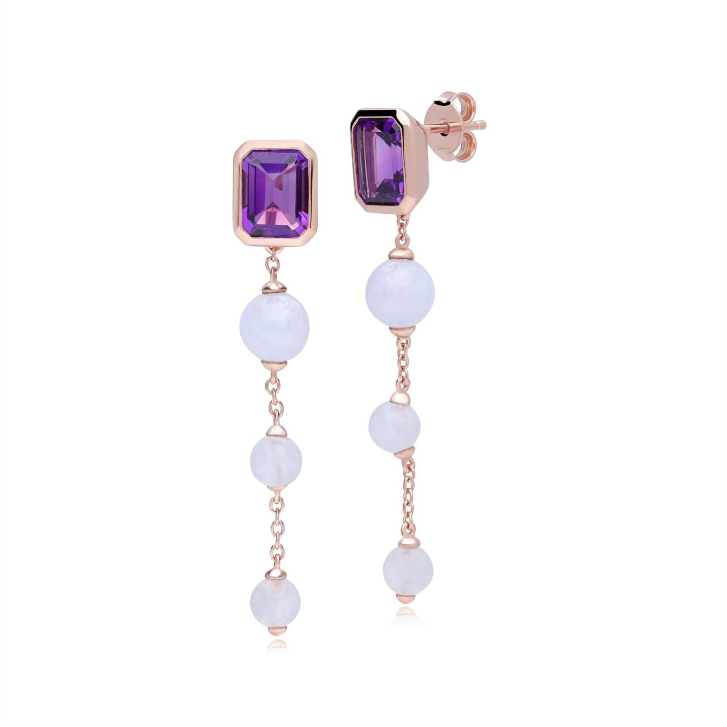 Women’s Blue / Pink / Purple Ecfew Rose Gold Plated Sterling Silver Amethyst & Blue Lace Agate Dangle Drop Earrings Gemondo