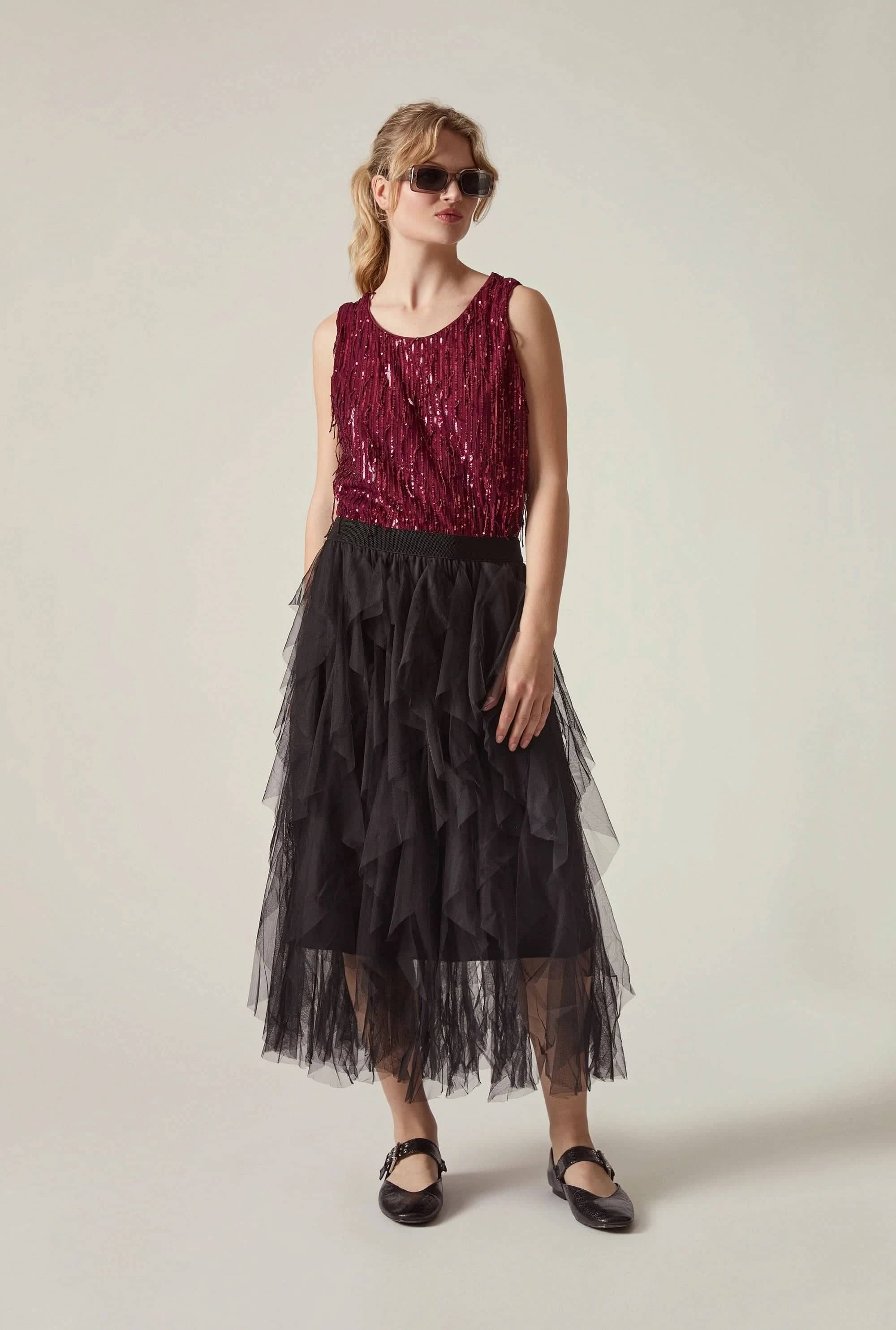 Black Tulle Ruffle Midi Skirt | James Lakeland | Wolf & Badger