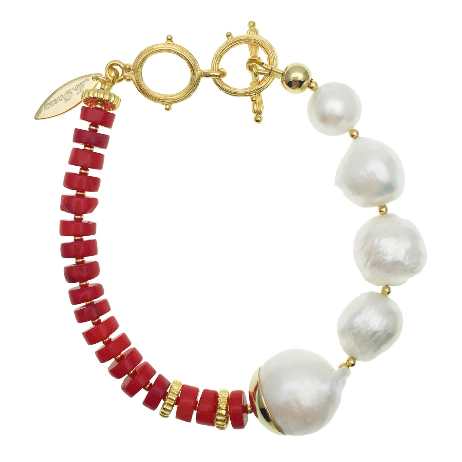 Farra Women's White / Red Red Corals With Edison Pearl Bracelet In Multi