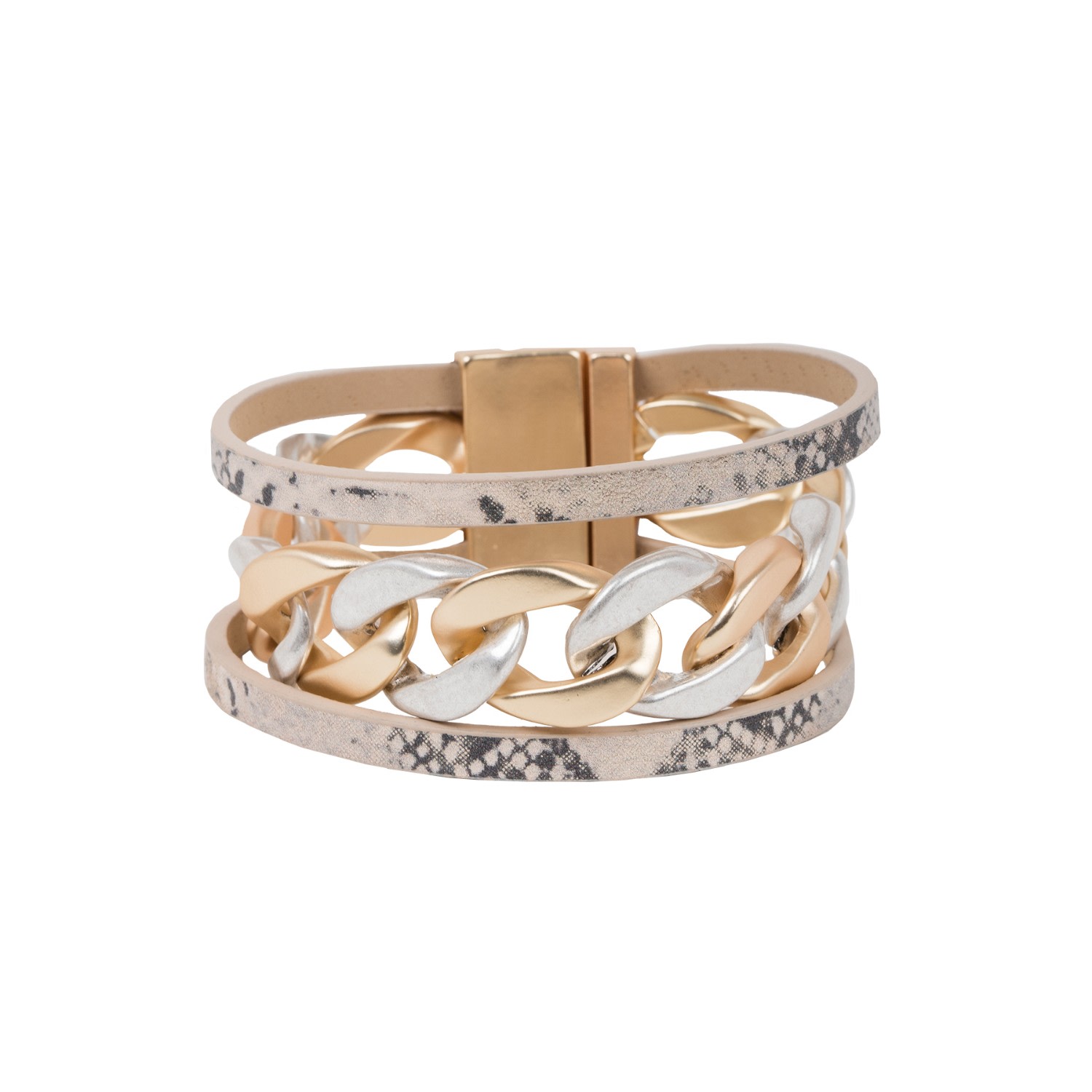 Women's Black Metal Chain Link Leather Bisque Bracelet | Saachi