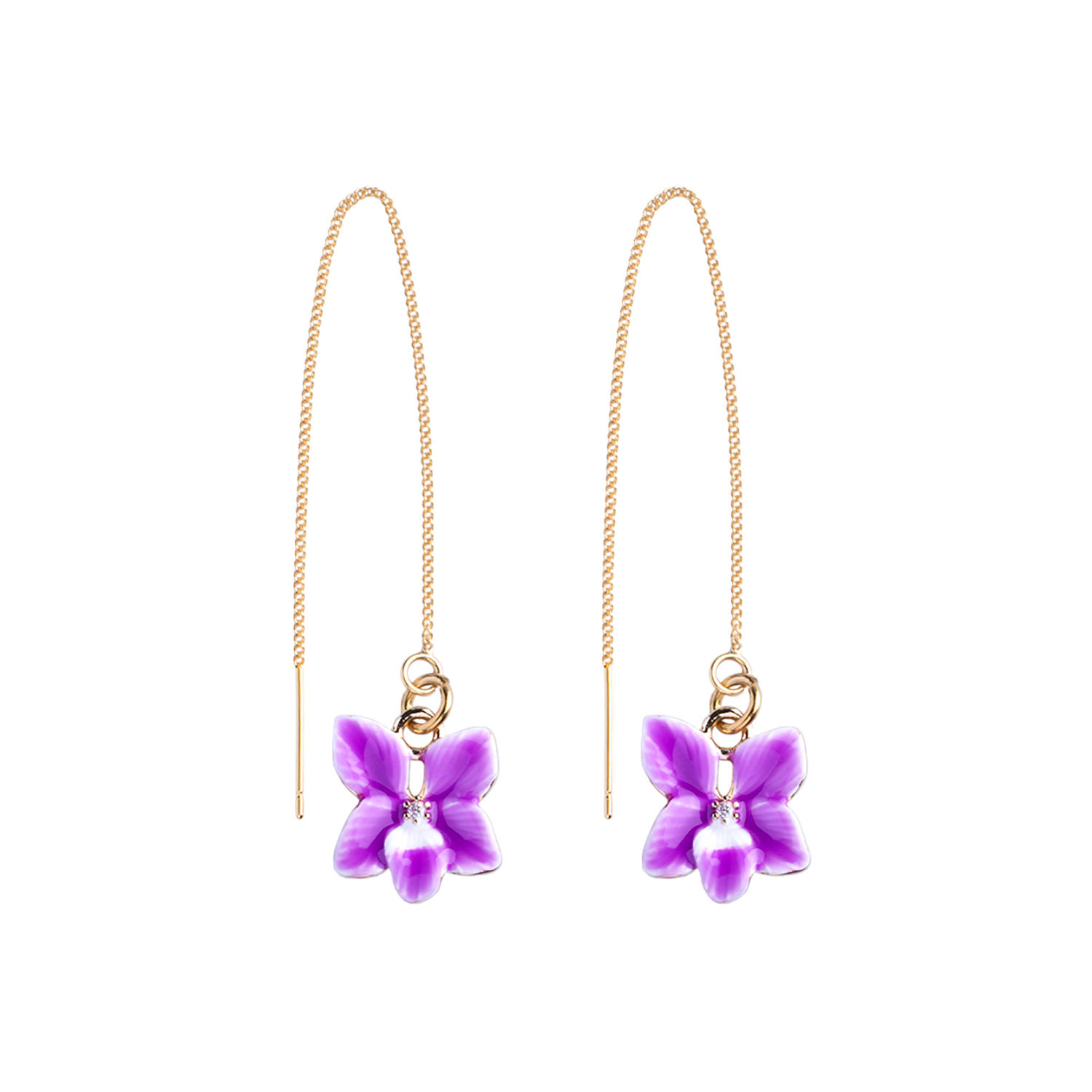 My Little Nature Women's Purple / Gold Threader Earrings – Pull-through Dangling Earrings With Orchid Flower In Multi