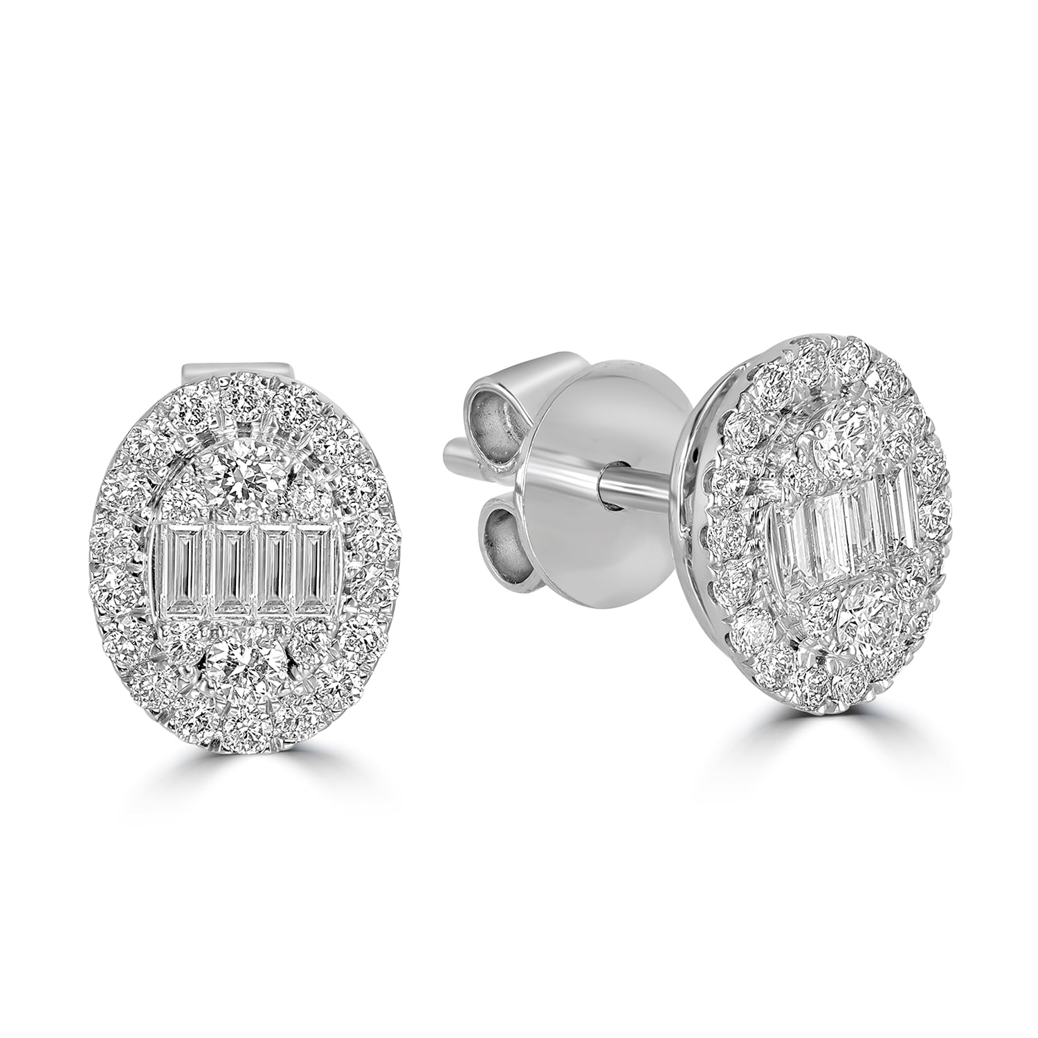 Artisan Women's 18k White Gold Oval Stud Earrings With Natural Baguette Diamond