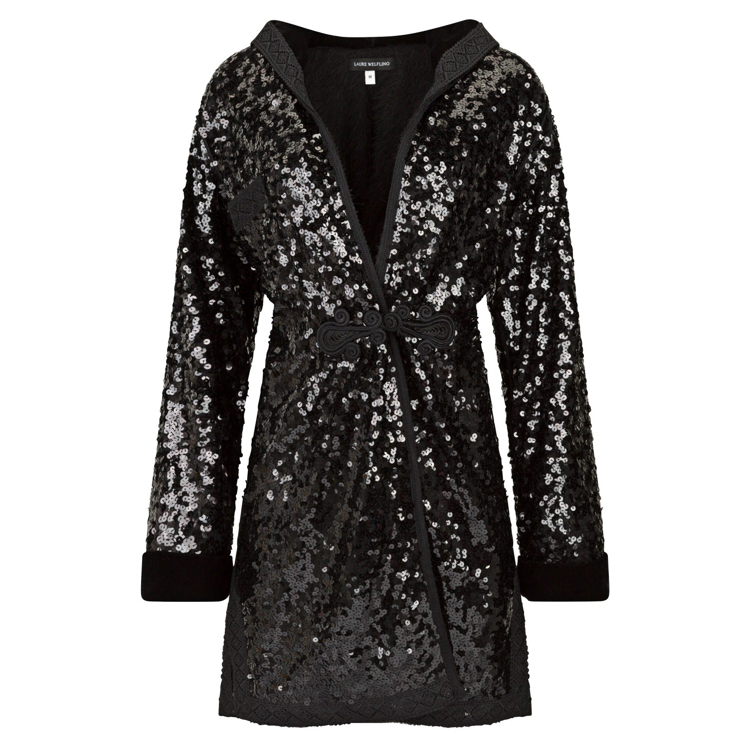 Women’s Long Black Sequin Vest With Velvet Hood One Size Boutique Kaotique