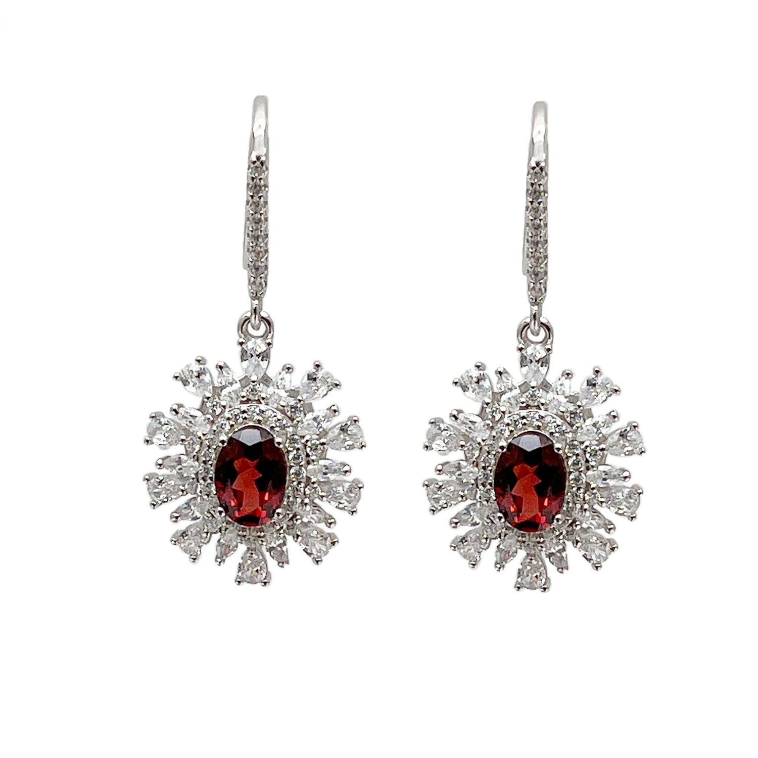 Women’s Red Garnet Birthstone Sterling Silver Flower Dangle Earrings Ms. Donna