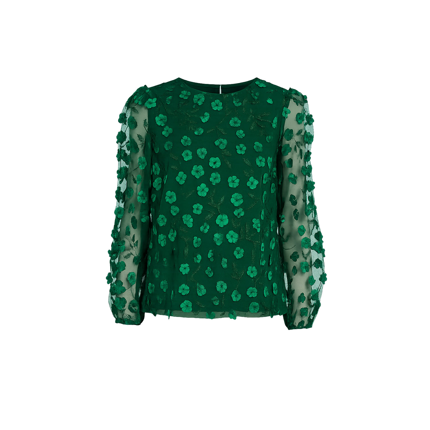 Yumi Women's  Green Sheer Sleeve Applique Flower Top In Green