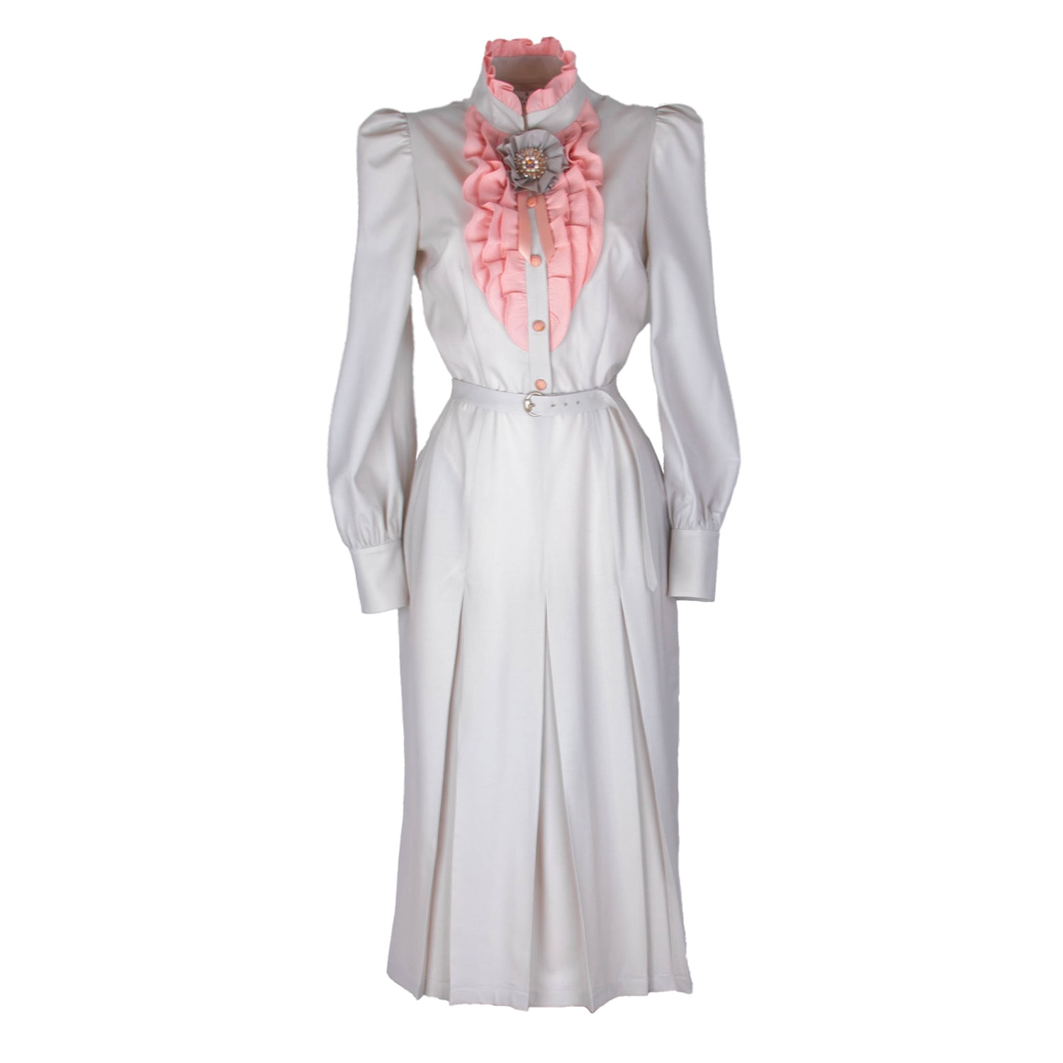 Rua & Rua Women's Grey / Pink / Purple Ruffled Wool Midi Dress With Brooch In Grey & Pink In Grey/pink/purple