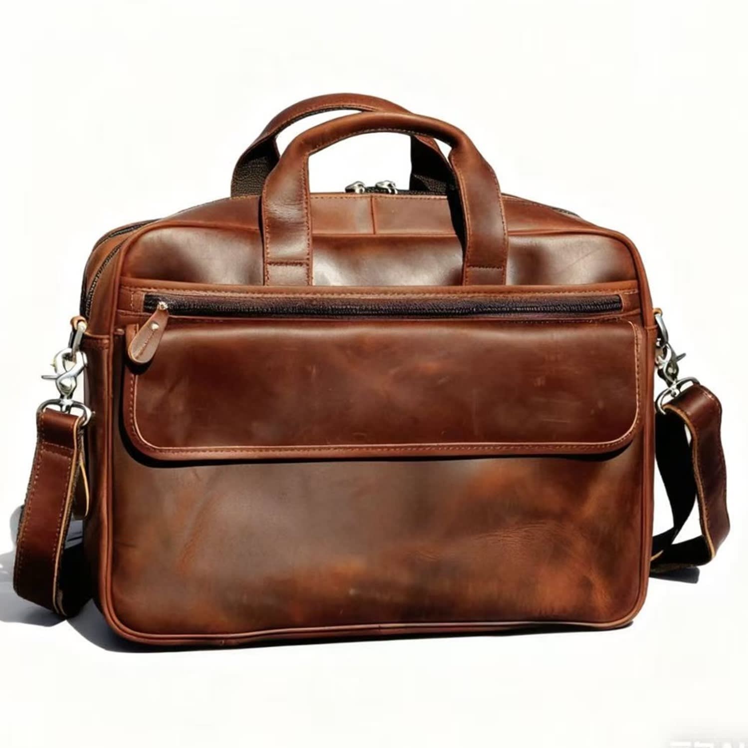 Touri Men's Genuine Leather Briefcase With Large Front Pockets - Dark Brown