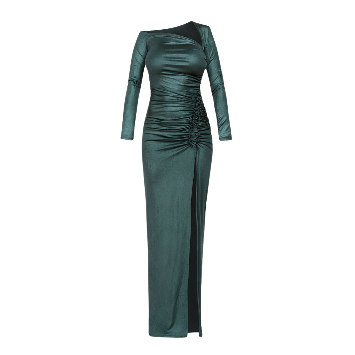 Women’s Maxi Asymmetric Long Sleeve Dress With Ruched Detail In Green M/L Cliché Reborn