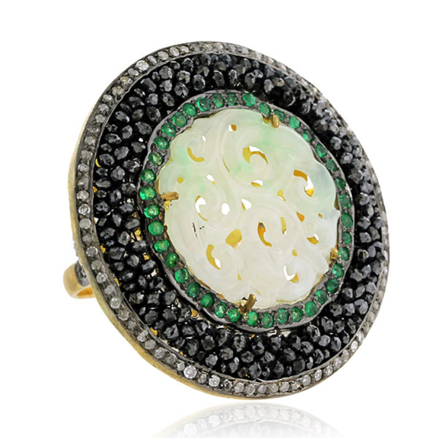 Artisan Women's Gold / Green Carved Jade & Emerald In 18k Gold With Silver Diamond Dome Ring In Multi
