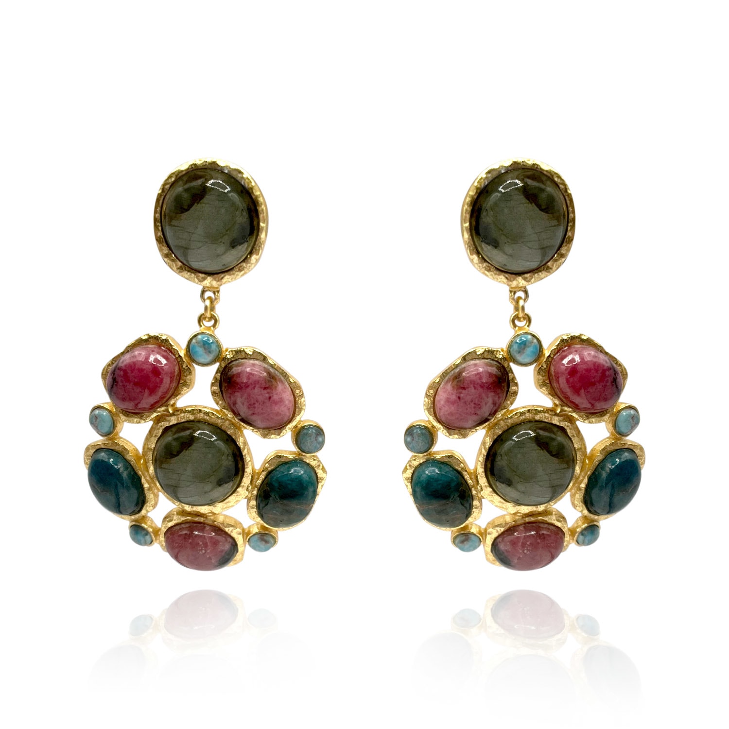 Women’s Gold Plated Brass Clip On Earrings With Multi Semi Precious Cabochons Michael Nash Jewelry