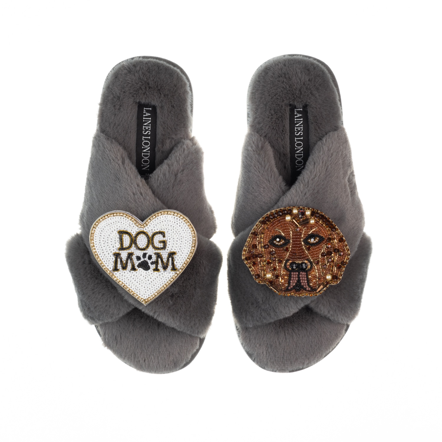 Women’s Classic Laines Slippers With Rocco The Chocolate Lab & Dog Mum / Mom Brooches - Grey Medium Laines London