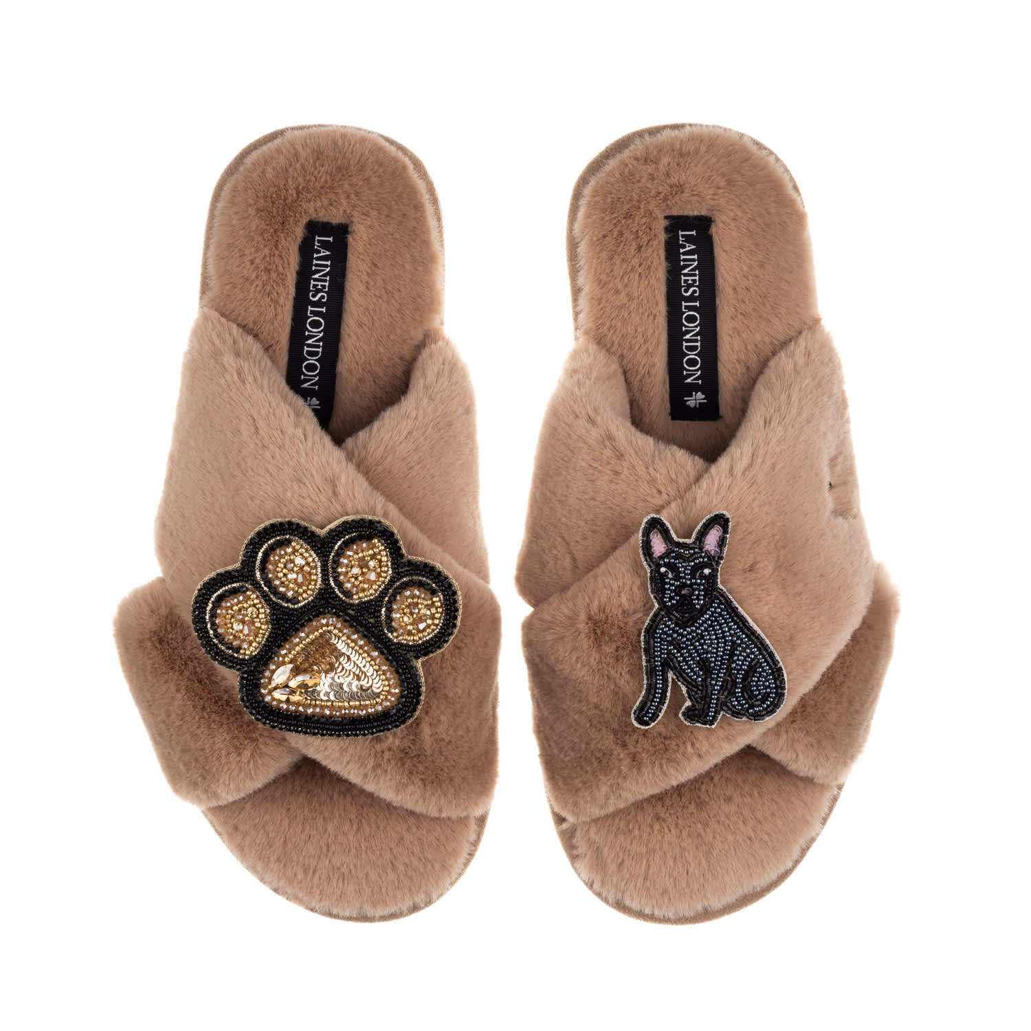 Laines London Women's Brown / Neutrals Classic Laines Slippers With Paw & Black Sitting French Bulldog Brooches -  In Brown