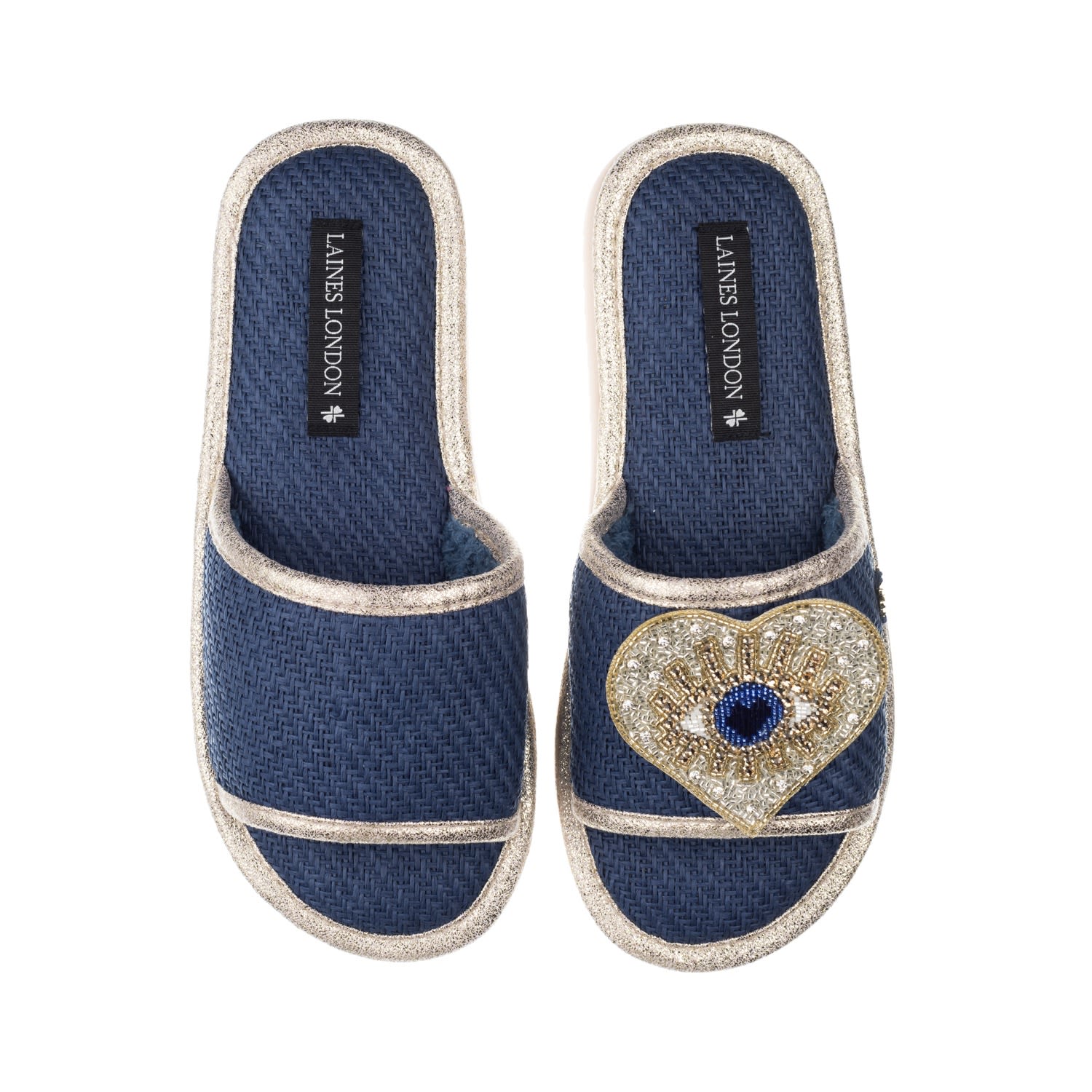 Women’s Straw Braided Sandals With Handmade Couture Golden Blue Heart Eye Brooch - Navy Large Laines London