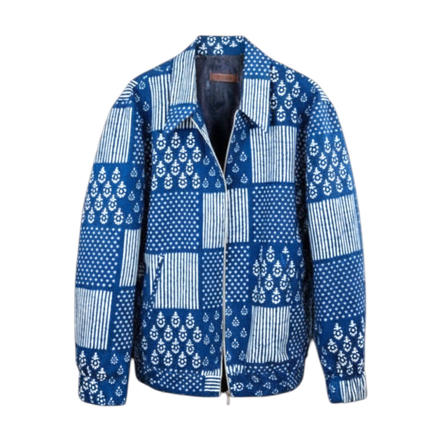 Stovaria Men's Blue Indigo Handprinted Bomber Jacket - Casual Outerwear Jacket With Kangaroo Pocket