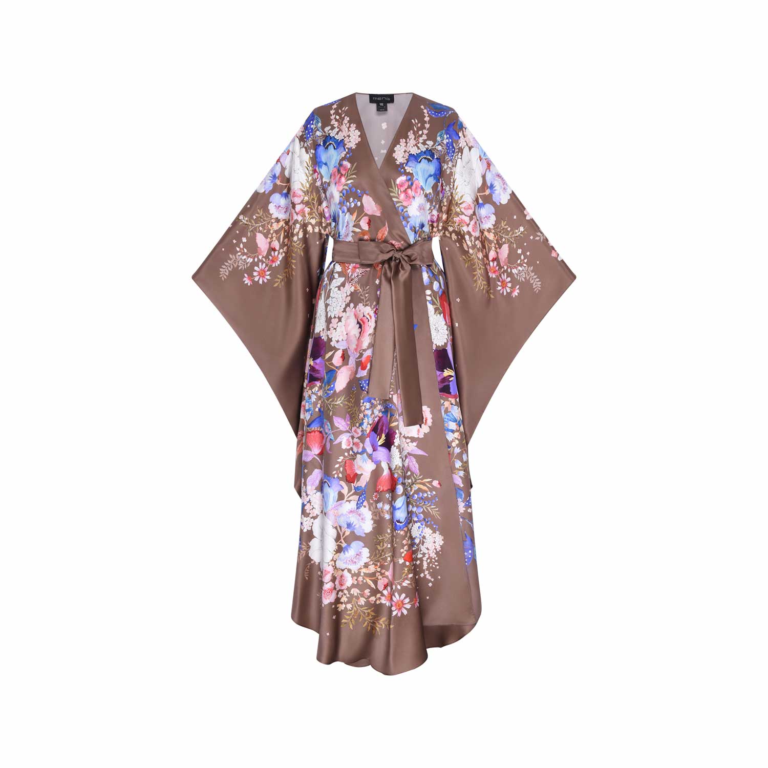 Women’s Brown Chocolate Watercolour Flowers Silk Satin Wrap Dress One Size Meng