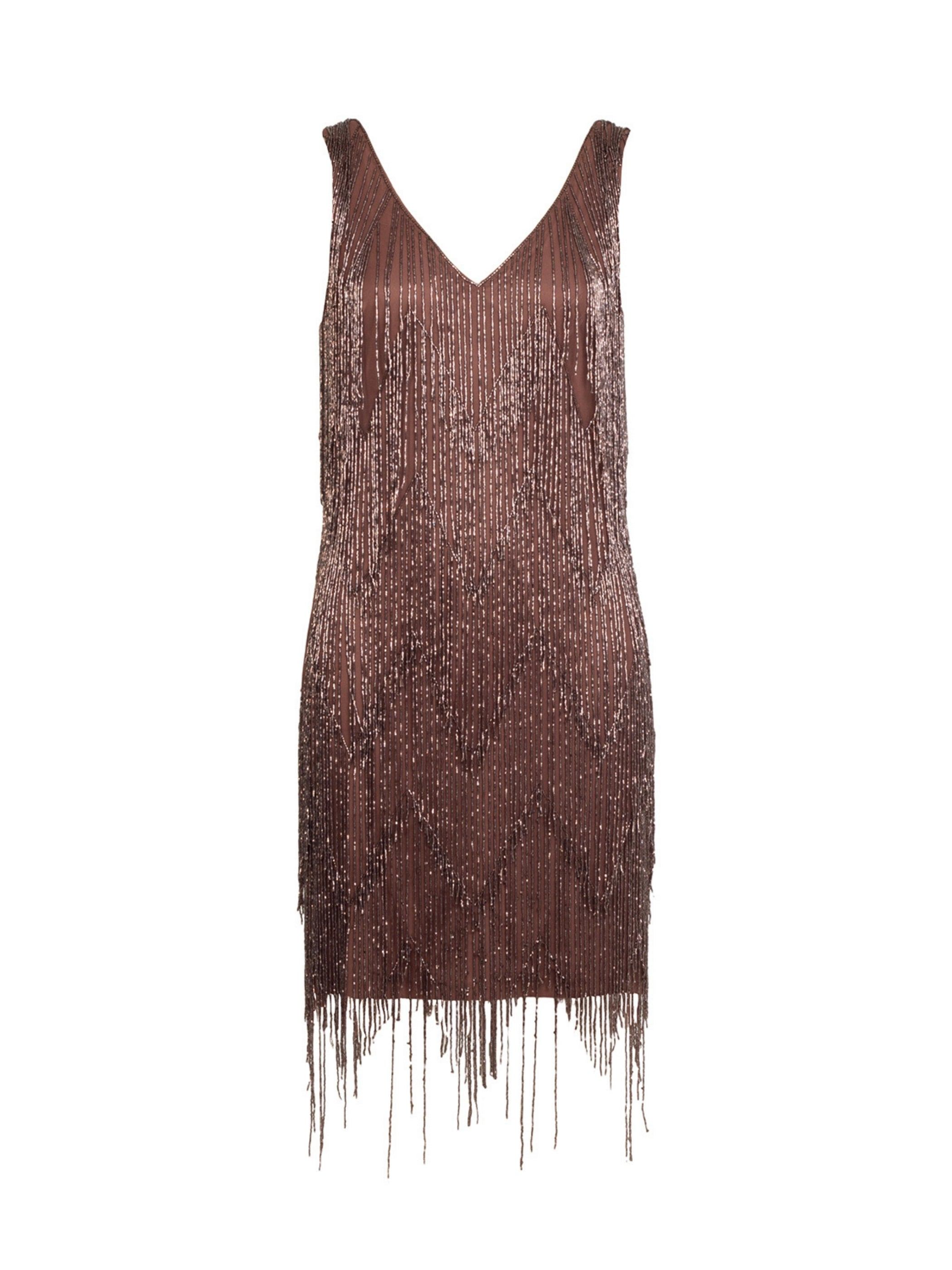 Rose & Nancy Women's Brown Sara Chocolate Beaded Fringe Mini Dress