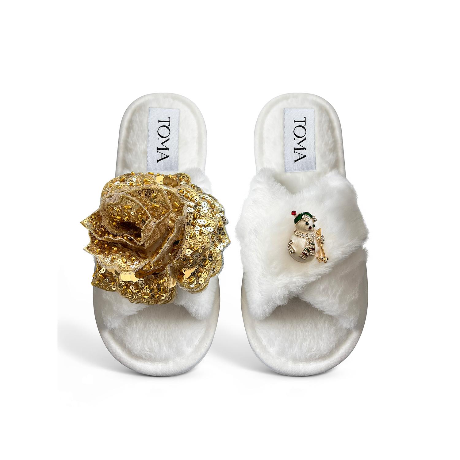 Toma Women's White Classic  Faux Fur Open Toe Gold Sequin And Snowman Slippers