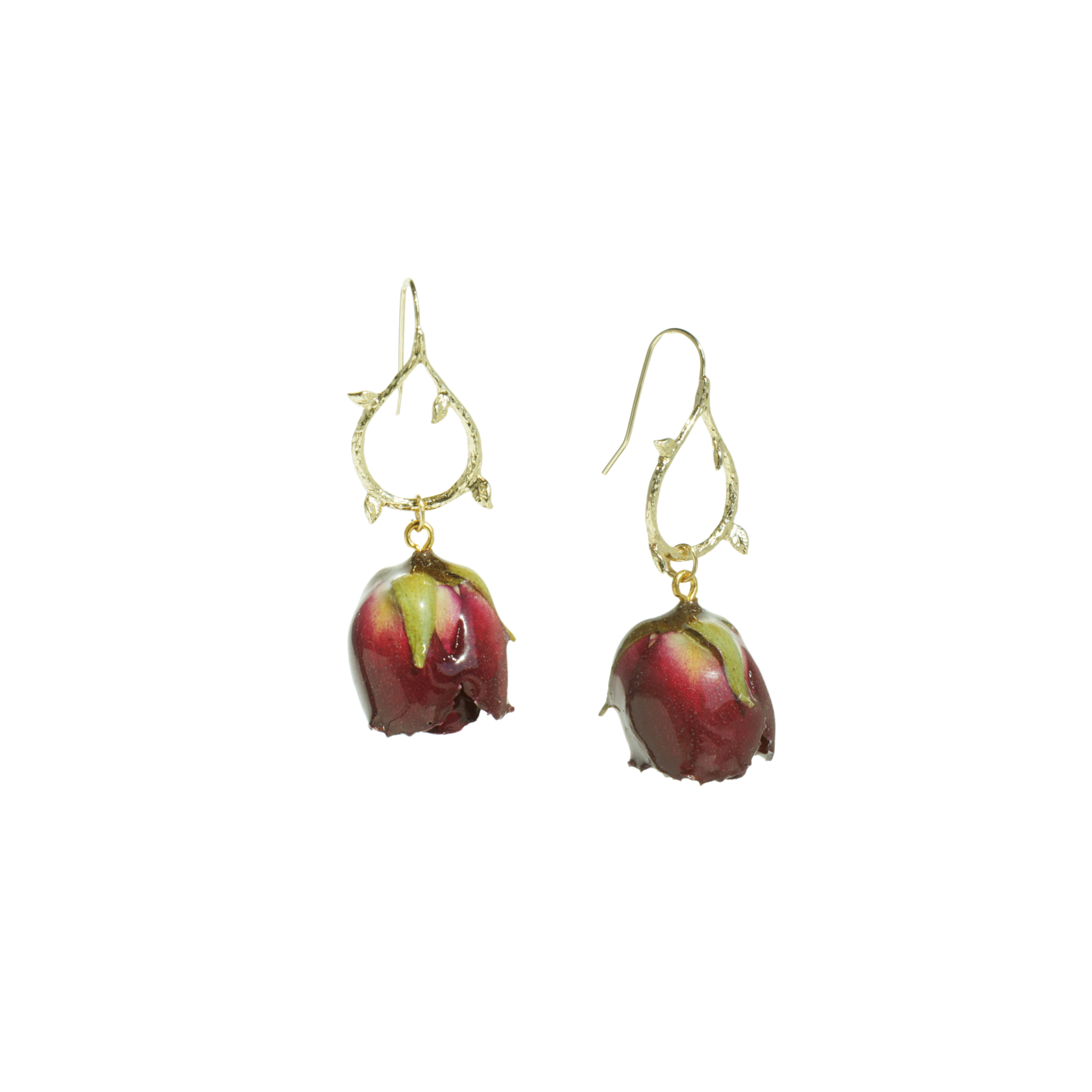 I'mmany London Women's Gold / Red Real Flower Grande Amore Rosebud Drop Earrings On Golden Branch