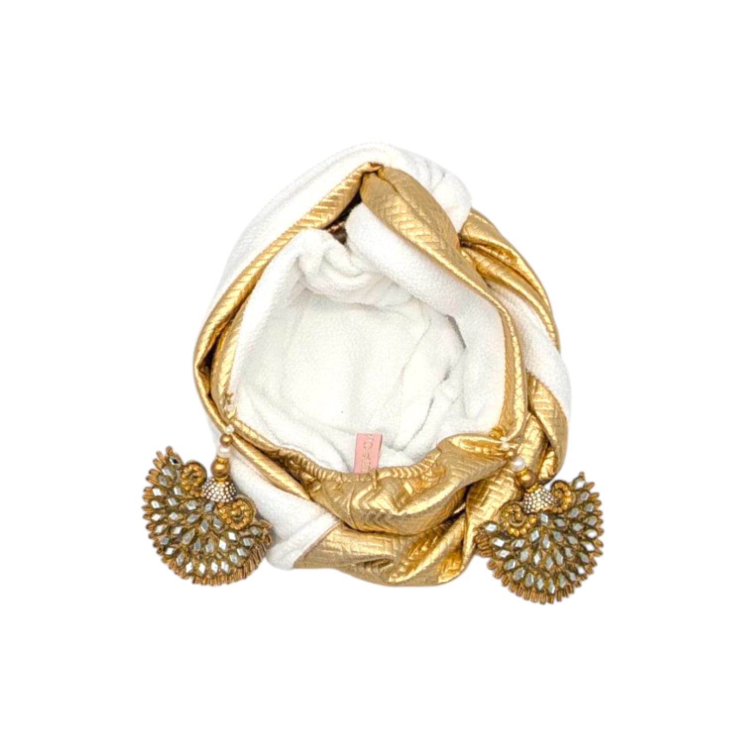 Julia Clancey Women's Gold Zia Terry Ivory Mirrored Peacock Reversible Turban