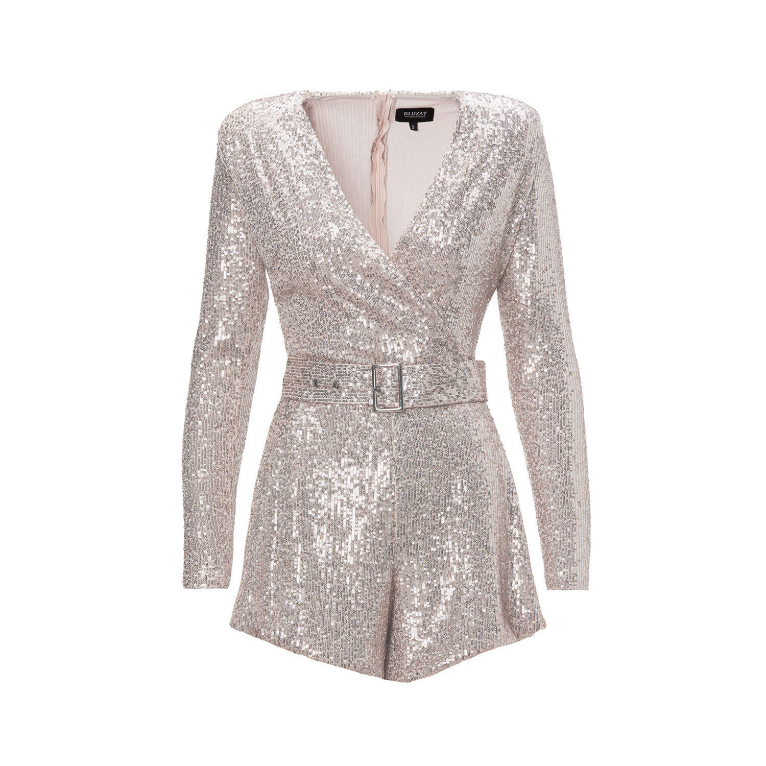 Bluzat Women's Gold Sequin Mini Jumpsuit With Proeminent Shoulders And Belt In Gold