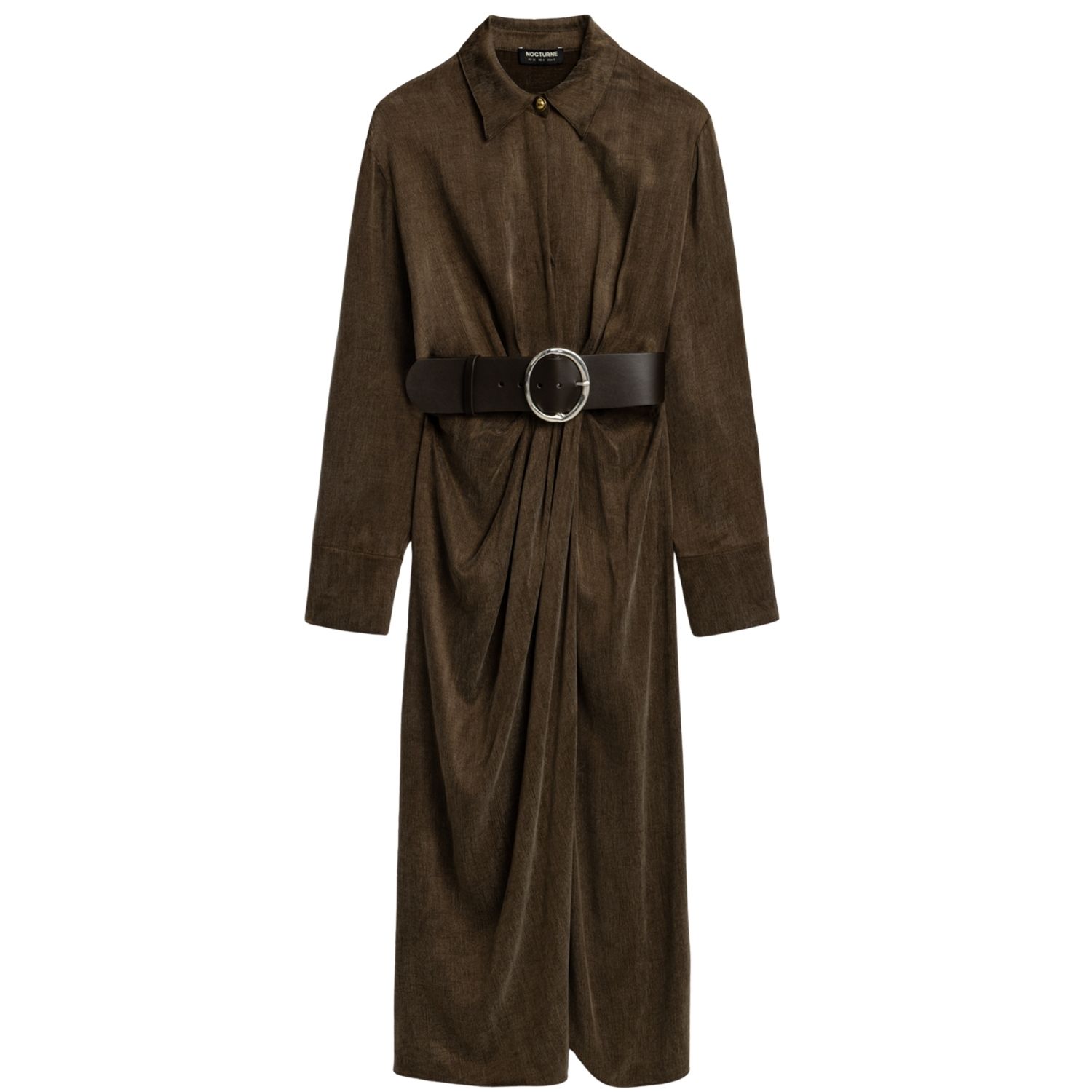 Nocturne Women's Brown Belted Draped Shirt-collar Maxi Dress In Brown