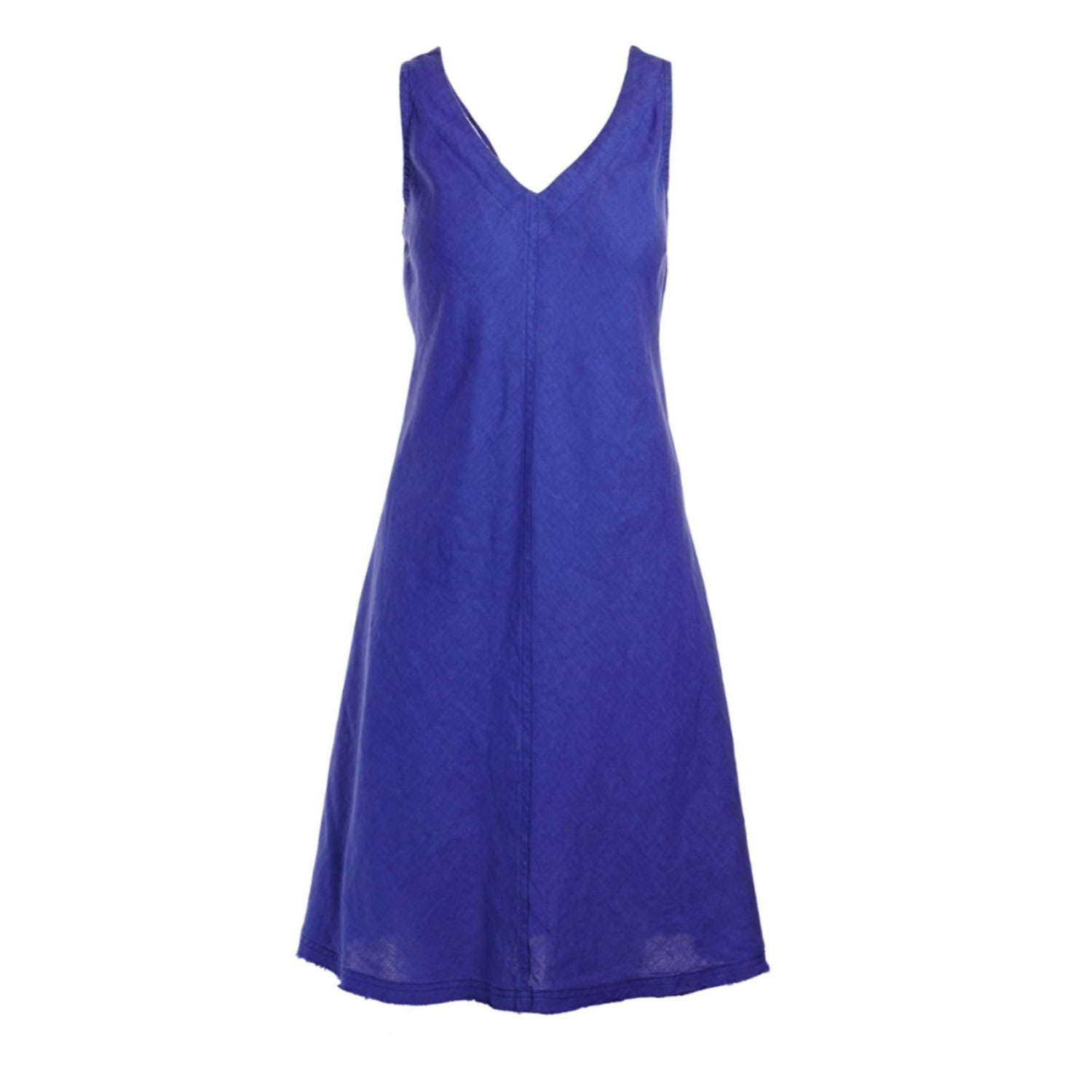 Haris Cotton Women's Blue “v” Neckline Flared Linen Dress - Lapis