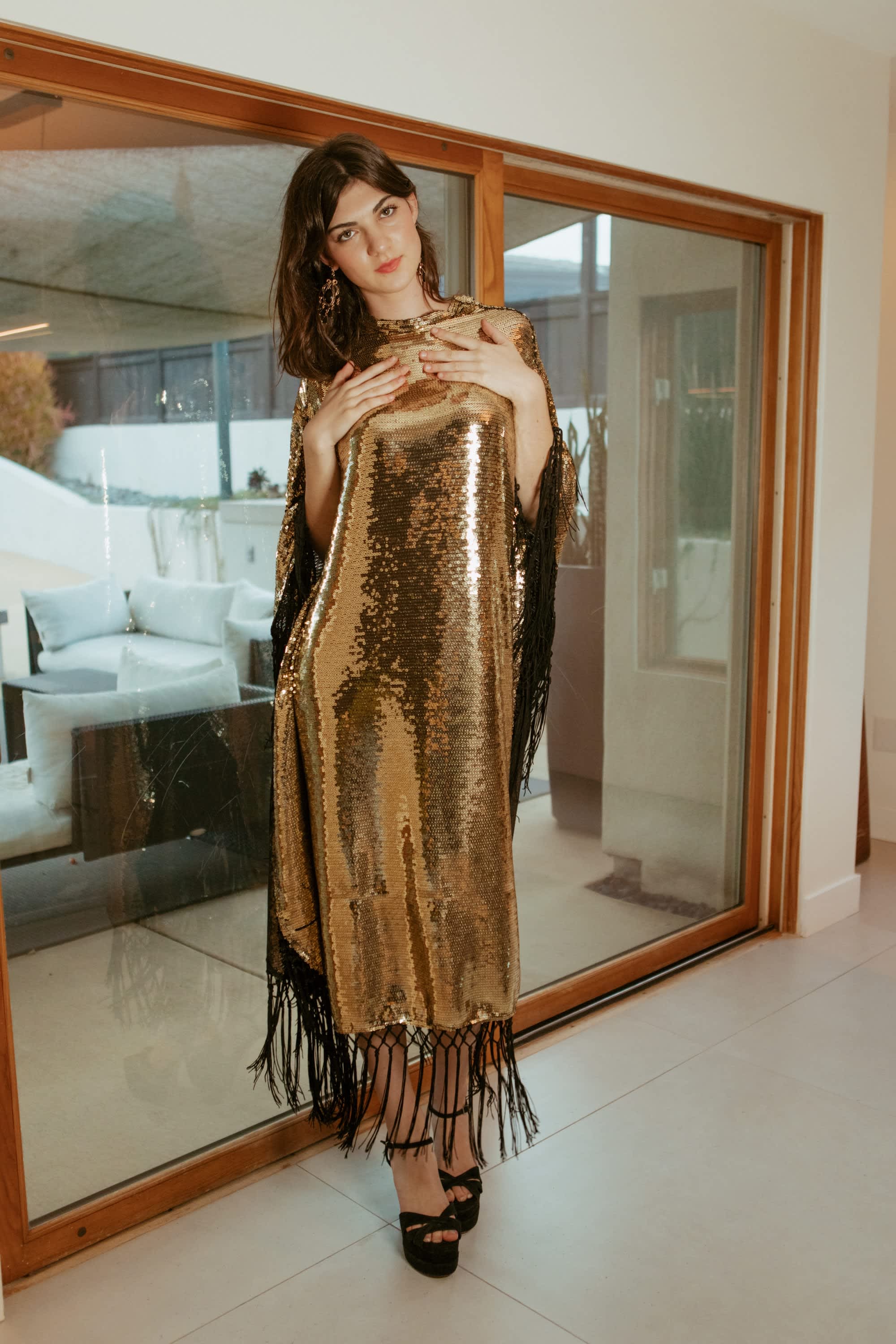 gold dress and caftan with cranes Embroidered Caftan Cocktail Party Gown main image 0