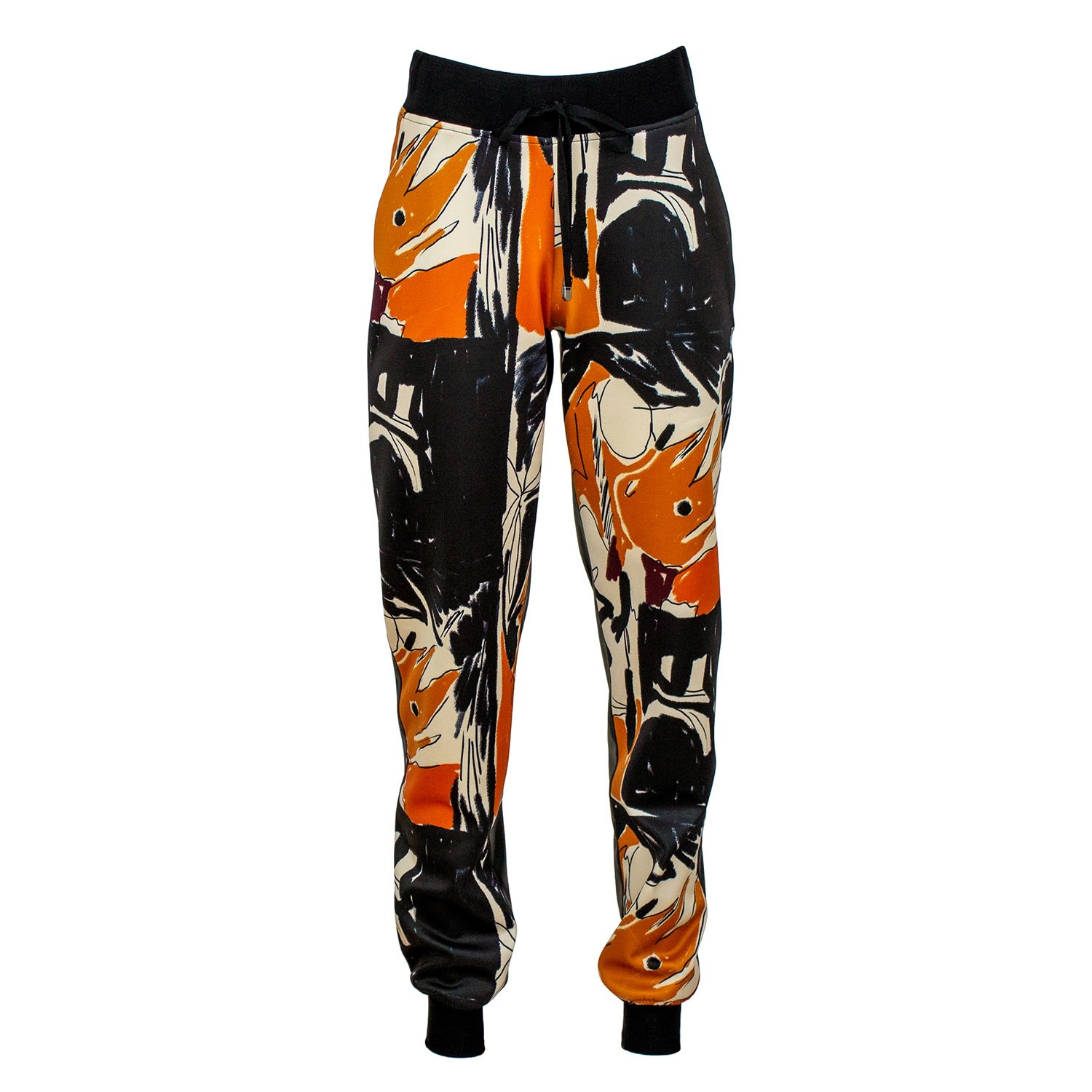 Lalipop Design Women's Track Pants With Abstract Print Front & Black Vegan Leather In Black