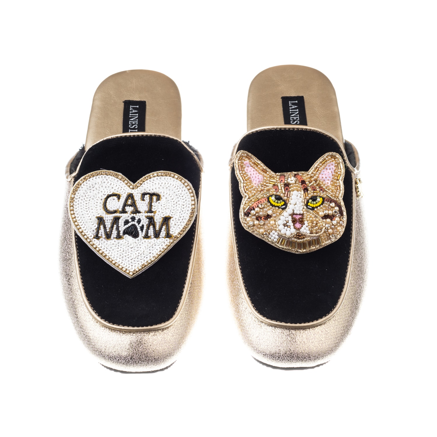 Women’s Black / Gold Classic Mules With Tabby The Ginger Cat & Cat Mum / Mom Brooches - Black & Gold Small Laines London