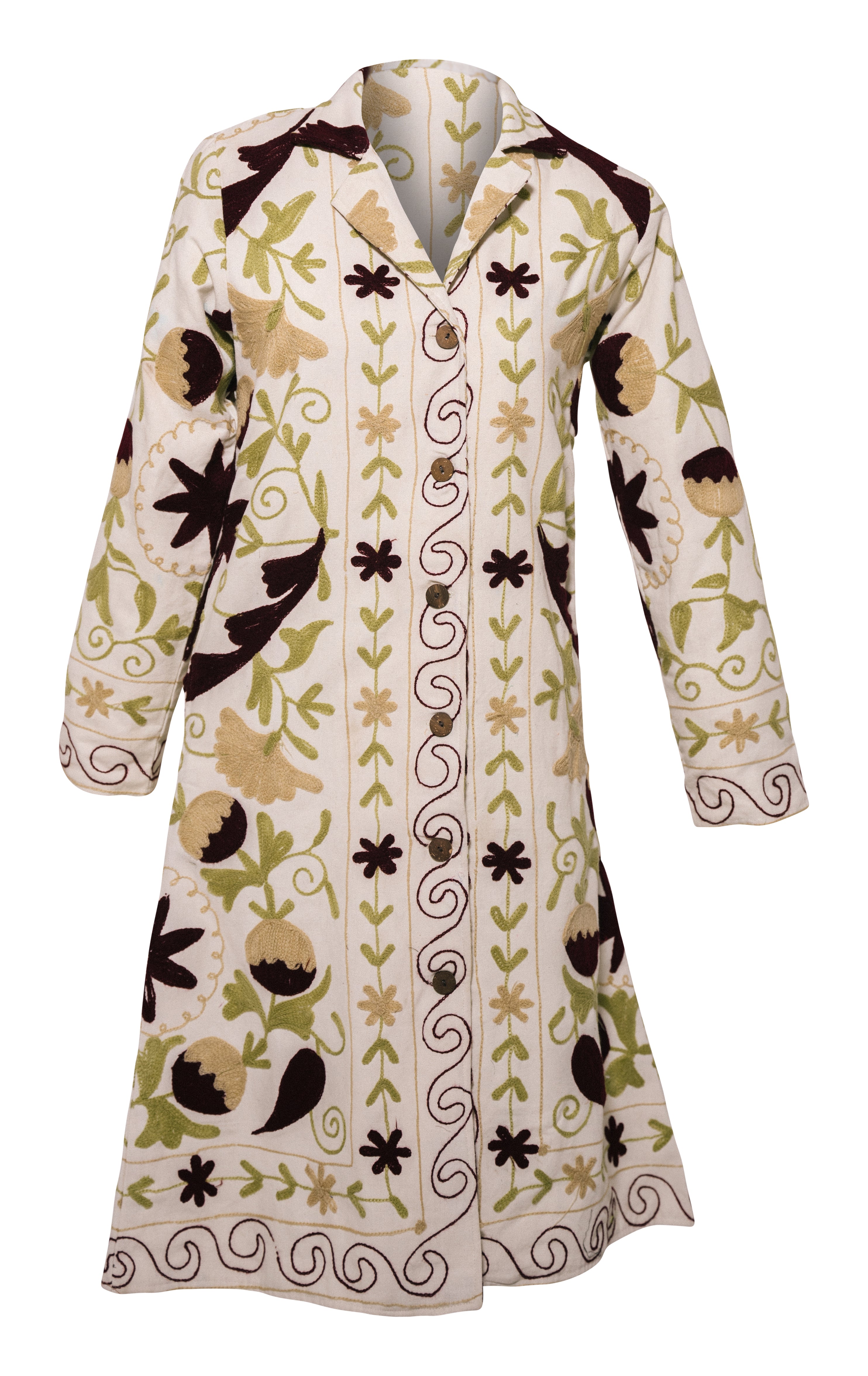 Women’s Neutrals / White Malika Coat - Suzani Embroidery Brown & Green On White - Small Small Transcend