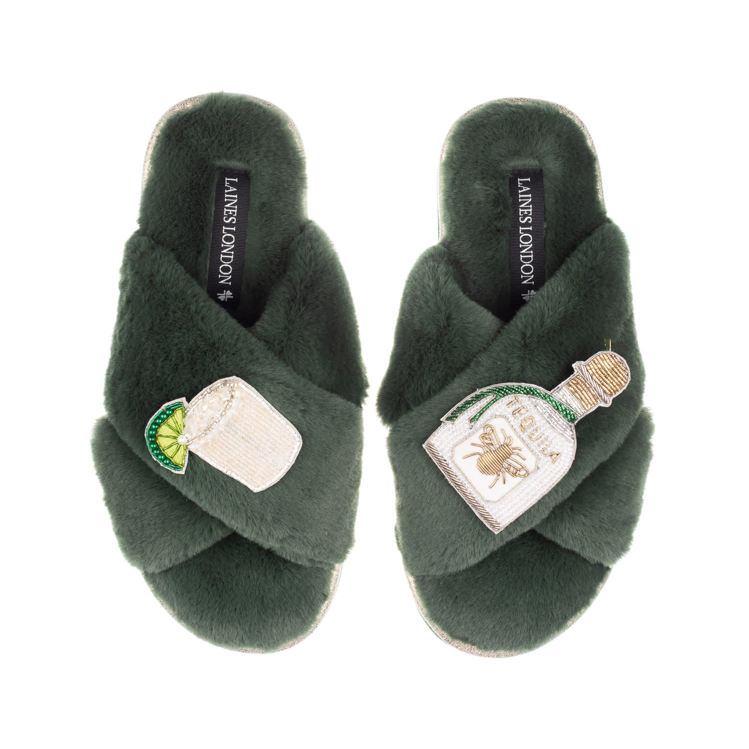 Laines London Women's Gold / Green Classic Laines Slippers With Agave Tequila Brooches - Limited Edition Green In Multi