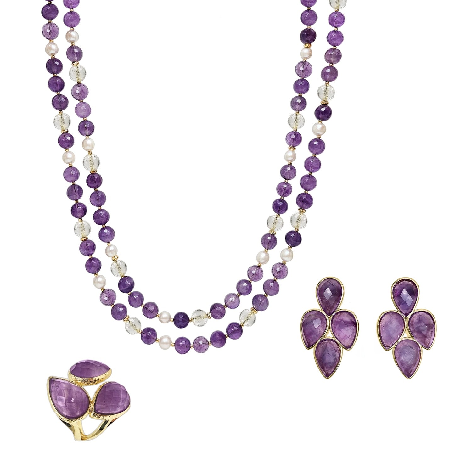 Farra Women's Purple Stunning Natural Amethyst Crystal Necklace And Bracelet Earrings Jewelry Set In Purple