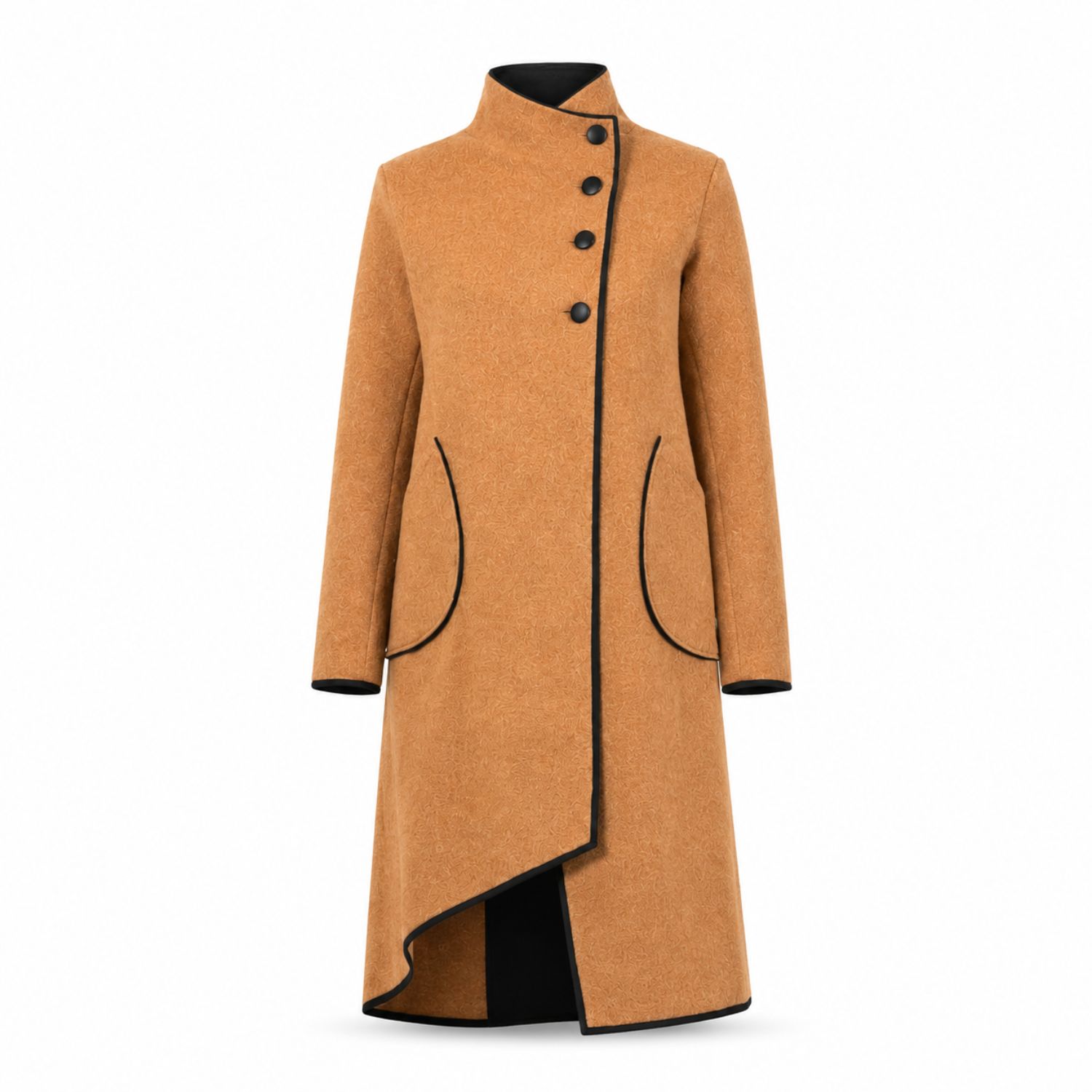 Nikka Place Women's Brown Boiled Wool High Neck Cardigan With Pockets In Camel Color