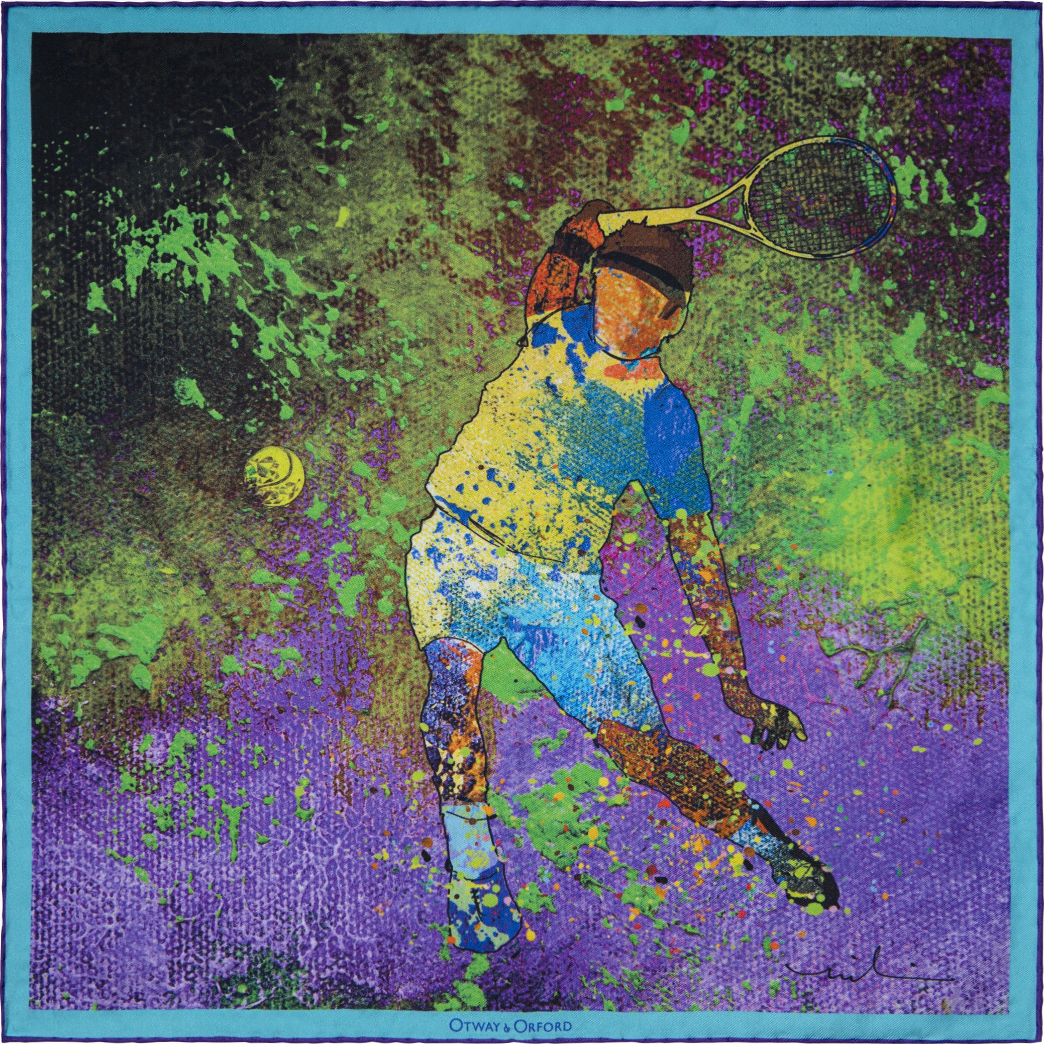 Otway & Orford Men's Green / Purple 'tennis Passion' Silk Pocket Square. Full-size. In Multi