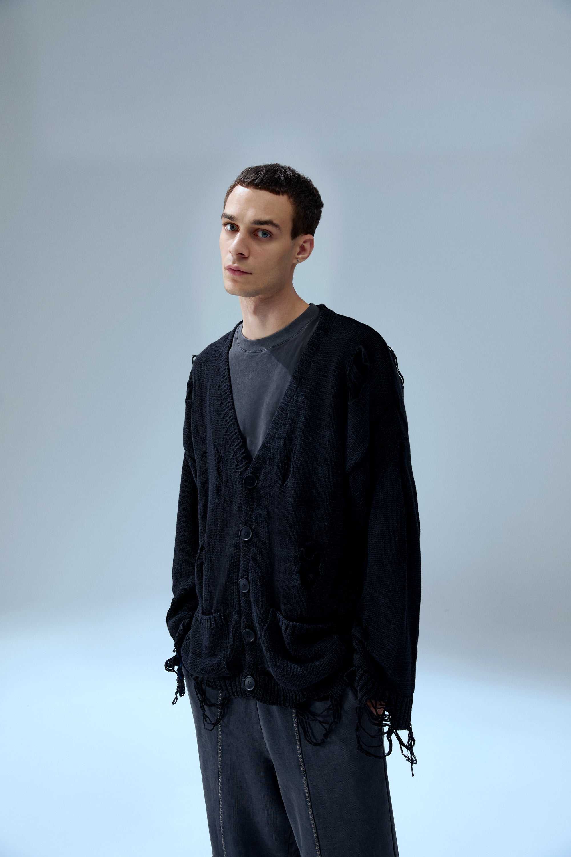 Your Itch Ripped Knit Cardigan - Jet Black | PCFG | Wolf & Badger