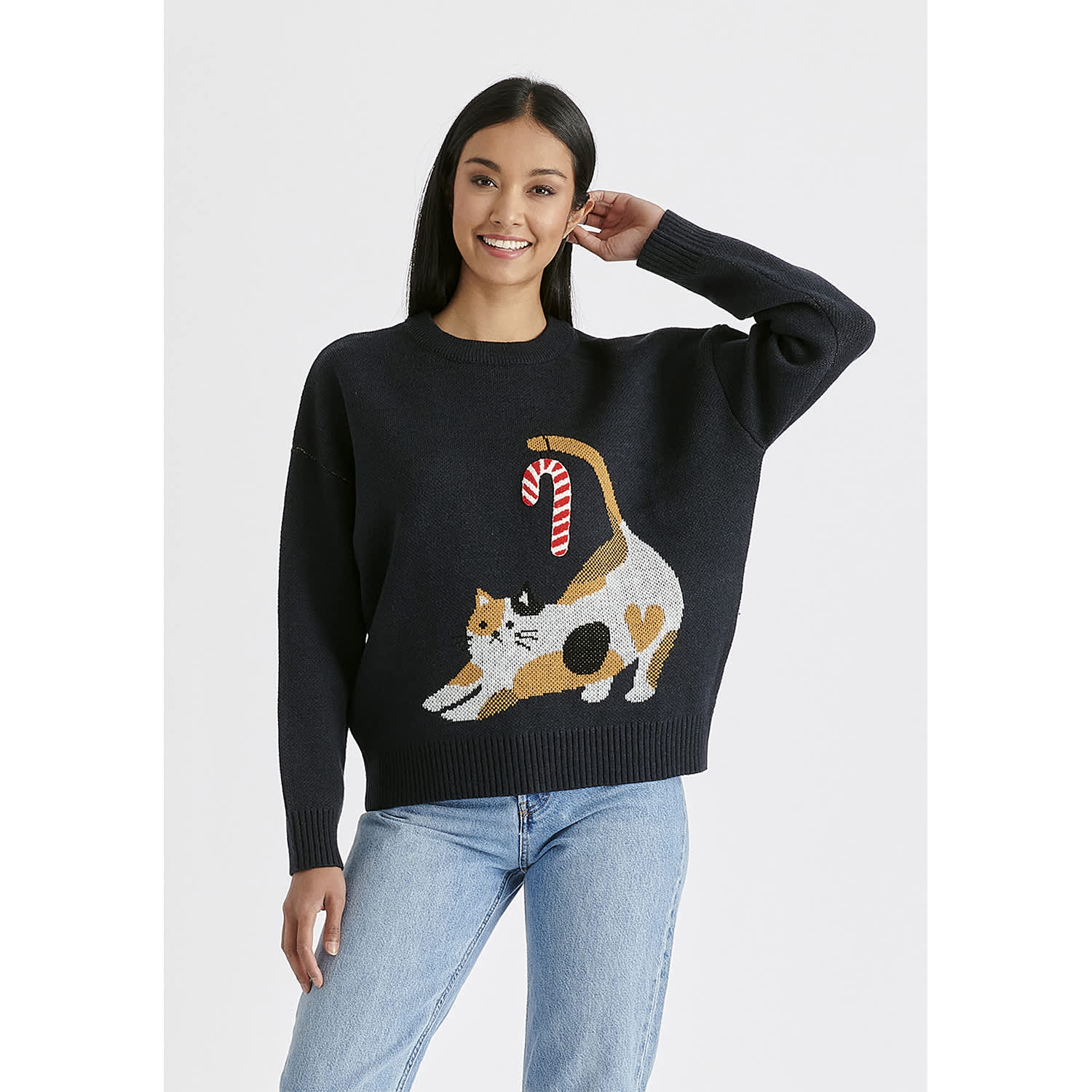 Women s Blue Christmas Jumper with Cat Candy Cane in Navy L XL Paisie
