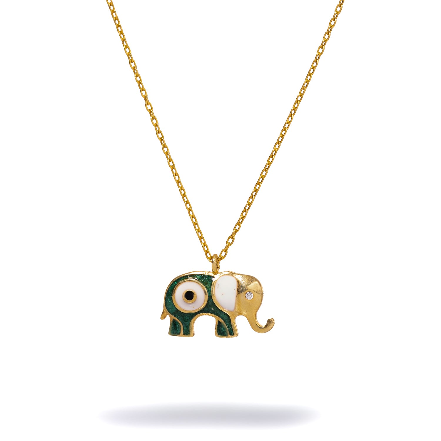Ebru Jewelry Women's Gold / Green / White Wishful Elephant & Evil Eye Green Enamel Pendant Gold Chain Necklace - 