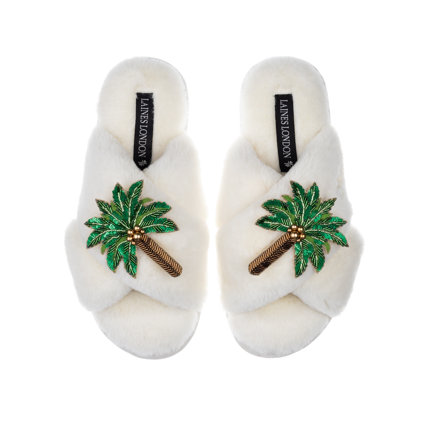 Laines London Women's White Classic Laines Slippers With Double Palm Tree Brooches - Cream In White