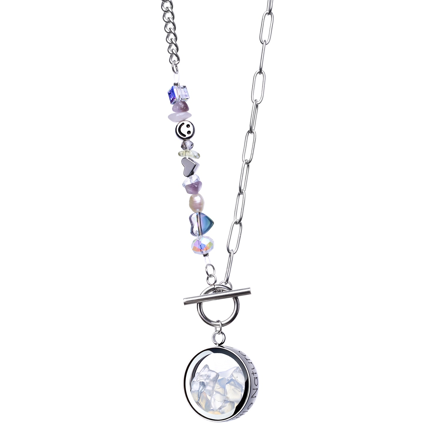 My Little Nature Women's Neutrals / Silver Opal Necklace With Joyful Beaded Chain -  Crystal Gamstone Jewellery - Wed