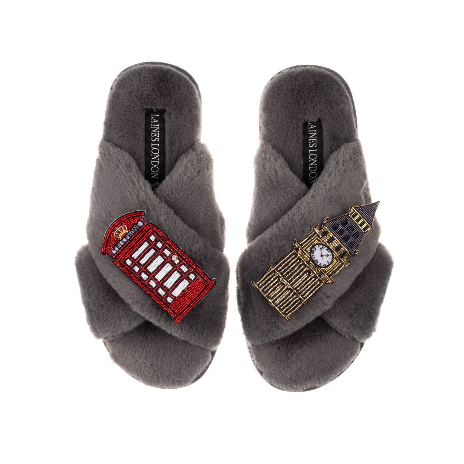 Laines London Women's Classic Laines Slippers With Big Ben & British Red Phone Box Brooches - Grey In Grey