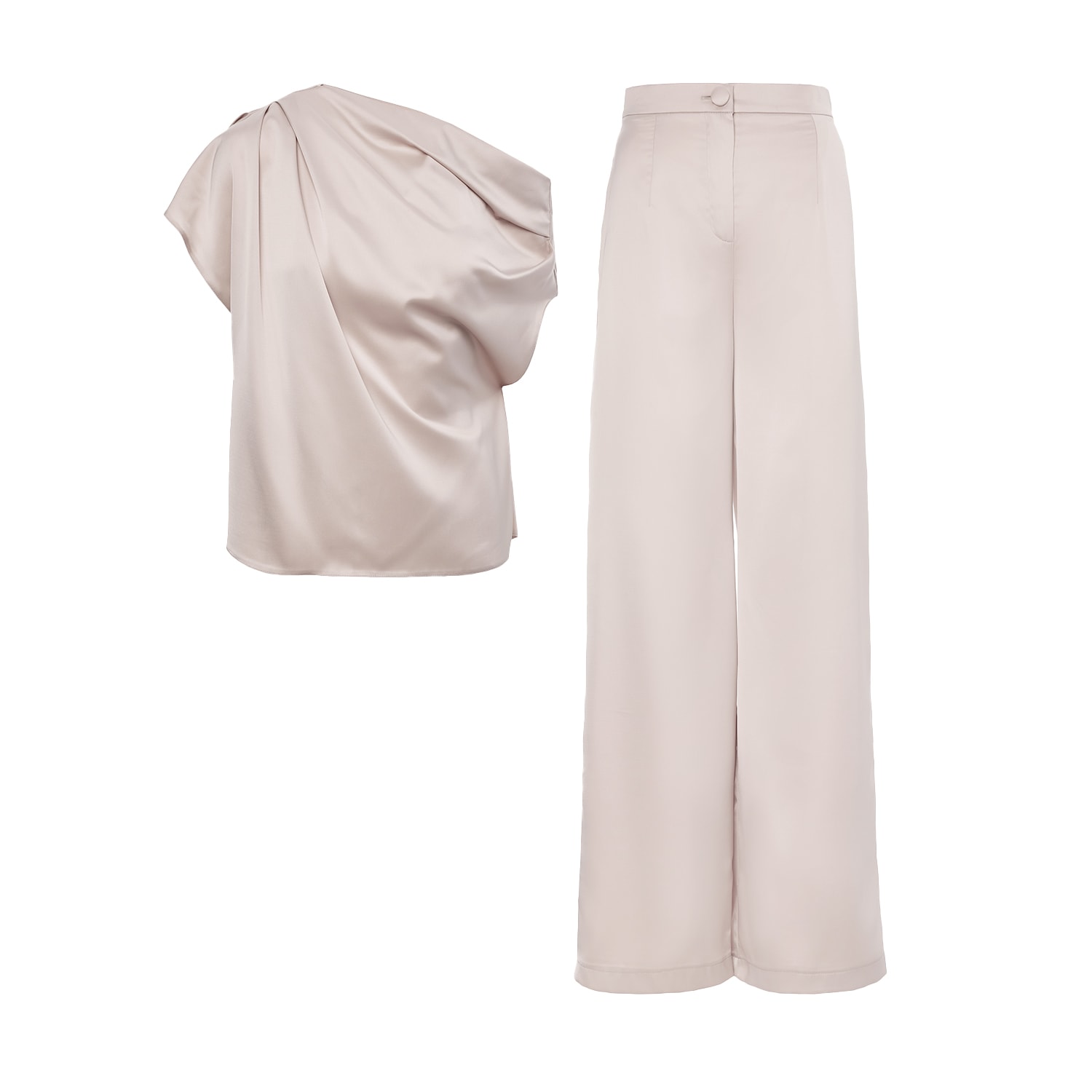 Bluzat Neutrals Beige Set With Asymmetrical Draped Top And Wide Leg Trousers In Beige