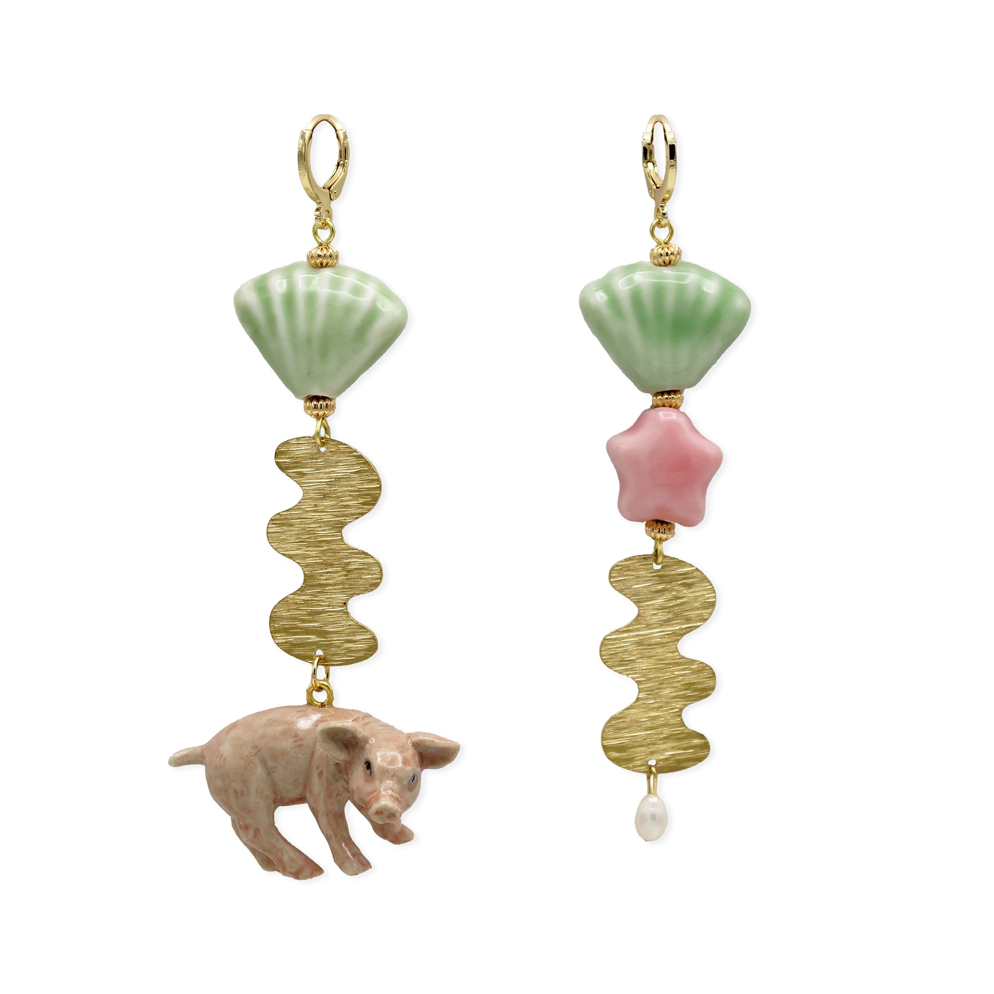 Midnight Foxes Studio Women's Pink / Purple / Gold Pink Pig & Star Gold Earrings In Gray