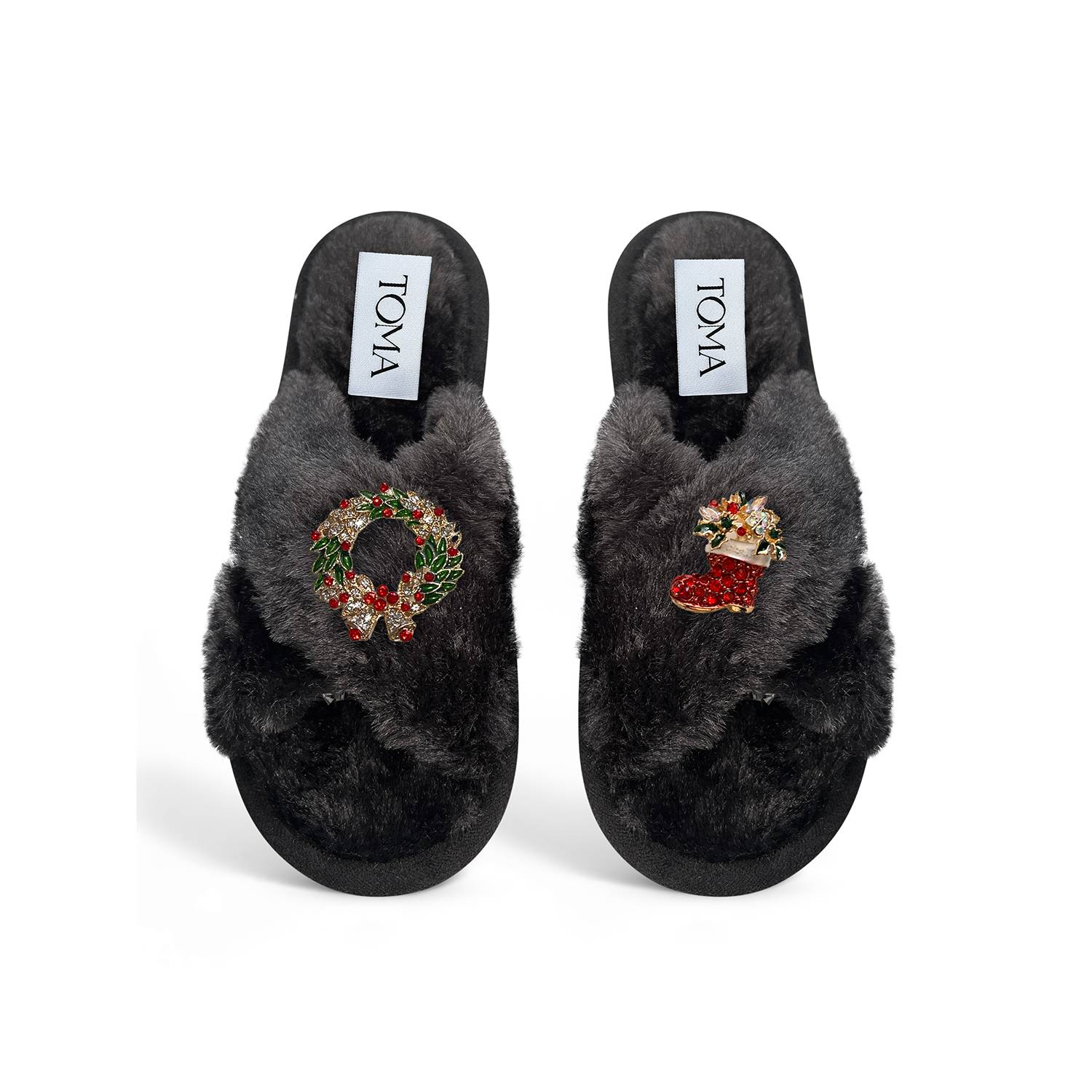 Toma Women's Classic  Faux Fur Open Toe Christmas Black Slippers In Black