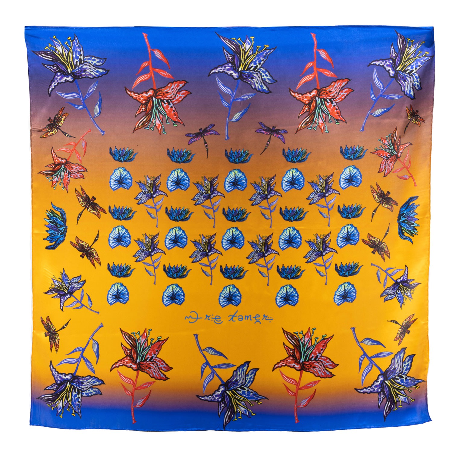 Women’s Blue / Gold Silk Scarf-Floral Emre Tamer-London