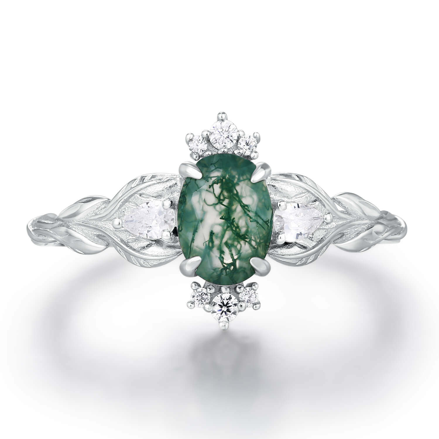 Azura Jewelry New York Women's Green / Silver Silver Leaf Moss Agate Ring White Gold Vermeil