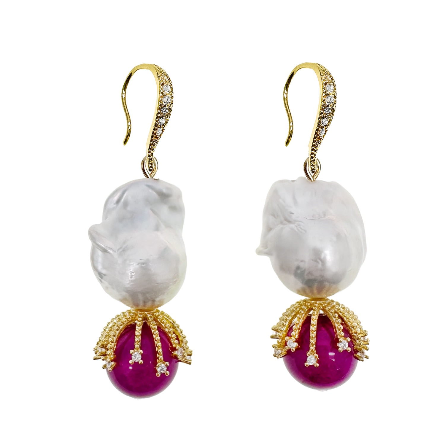 Farra Women's Pink / Purple / White Baroque Pearls And Magenta Gemstone Earrings In Gold