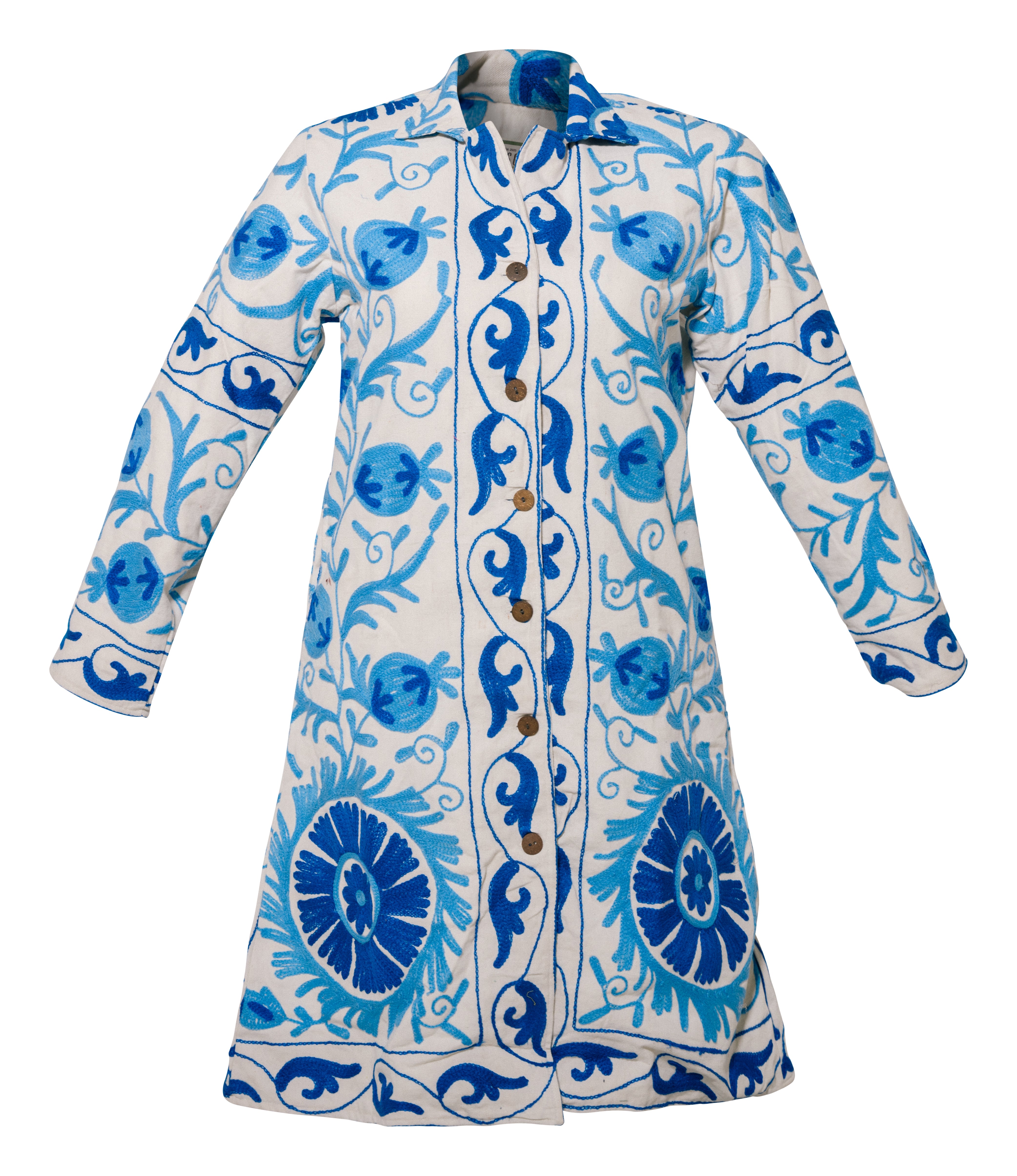 Transcend Women's Blue / White Malika Coat - Suzani Embroidery Blue On White Large In Blue/white