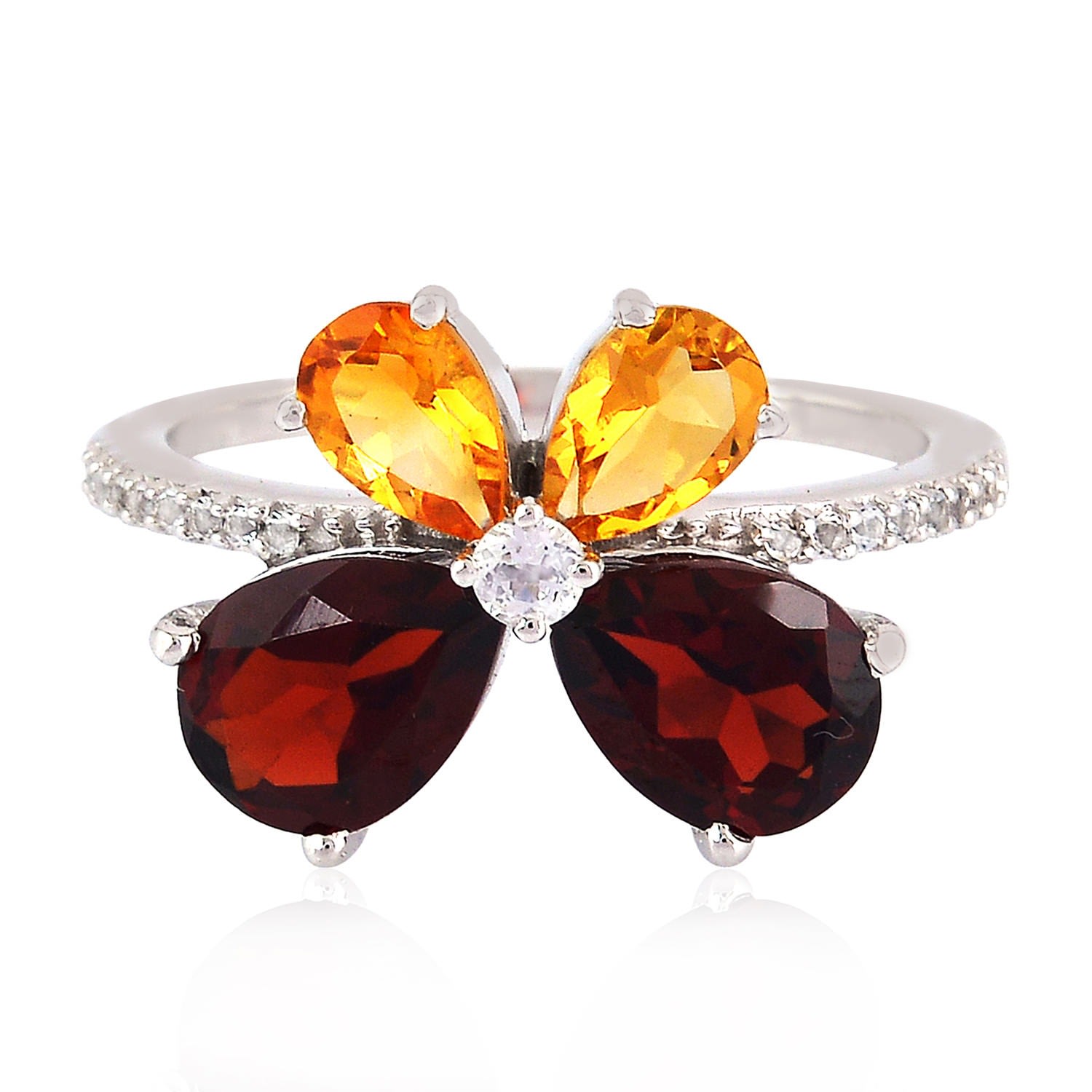 Women’s 925 Sterling Silver In White Topaz & Pear Red Garnet With Citrine Daisy Ring Artisan