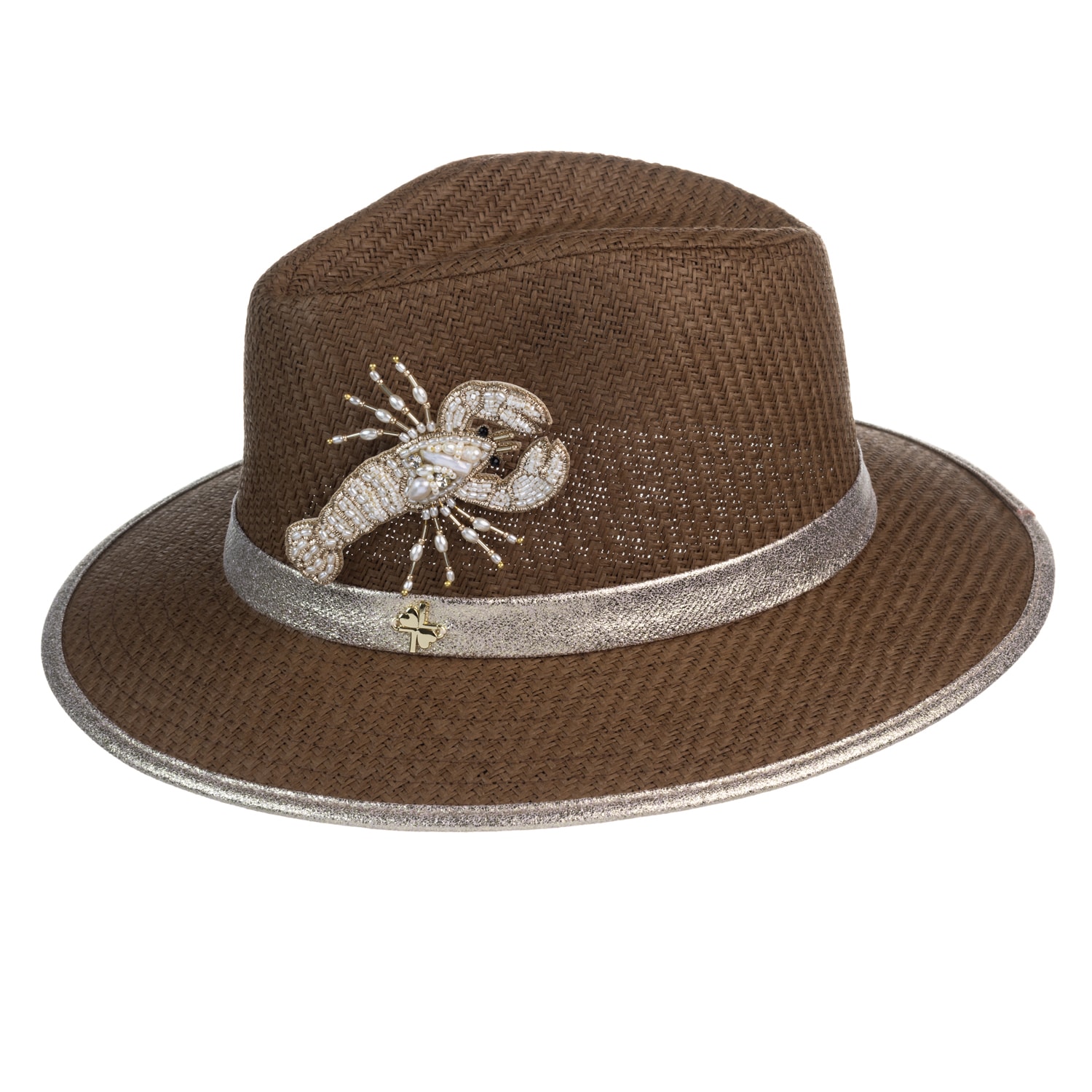 Women’s Brown Straw Woven Hat With Pearl Beaded Lobster - Caramel One Size Laines London