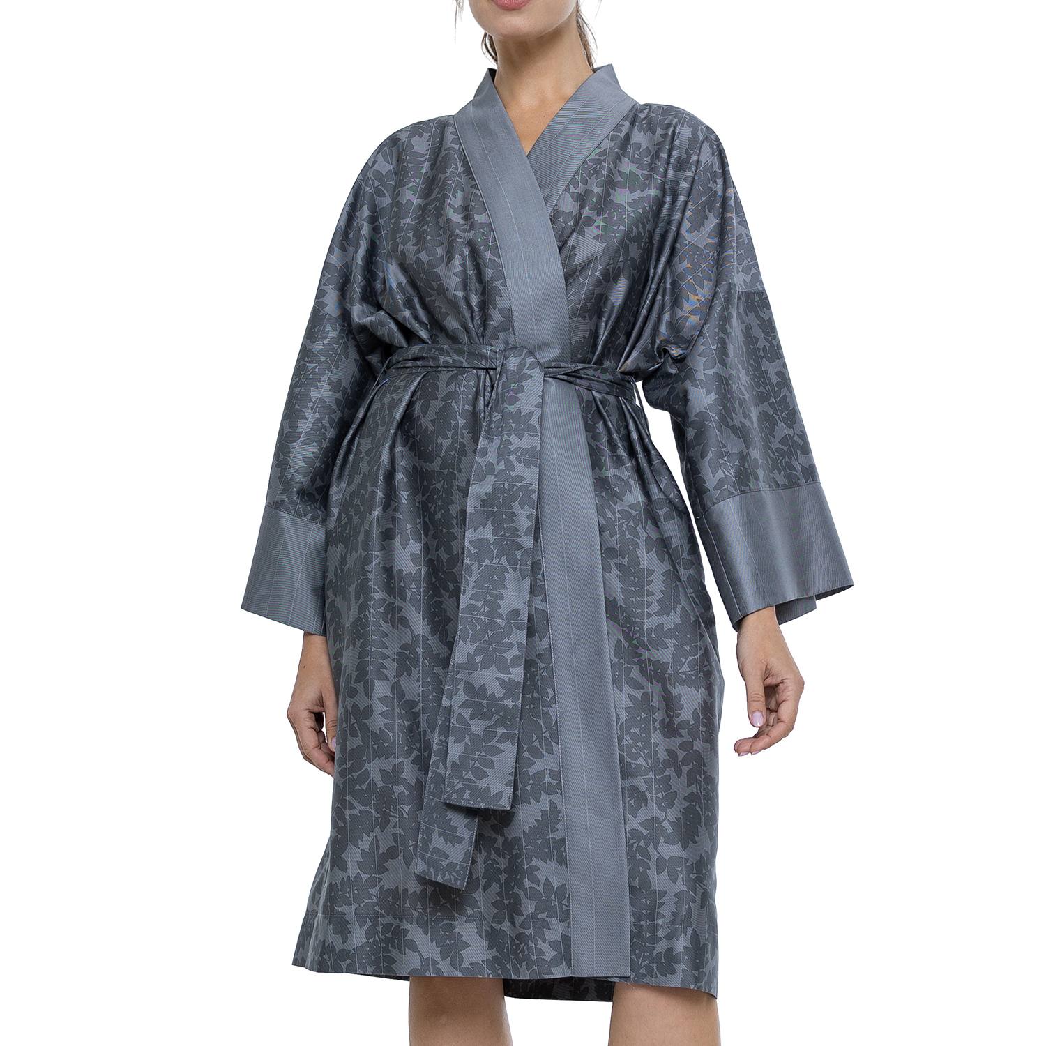 Decoflux Home Women's Cotton Sateen Kimono Robe Jaquard Grey In Gray